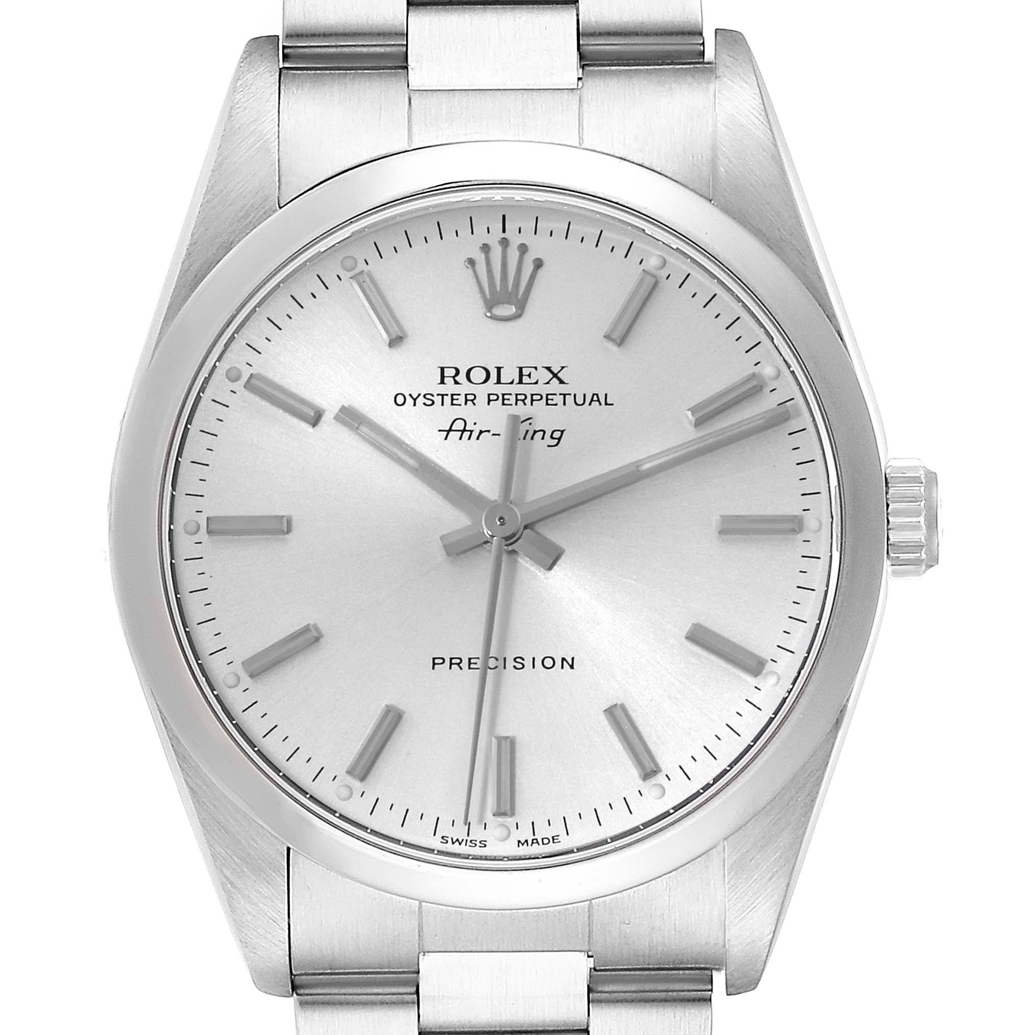 The image shows a front view of a Rolex Air-King 14000 Men's Stainless Steel Silver Dial 14000 Men's Stainless Steel Silver Dial watch, displaying its dial, case, and part of the bracelet.