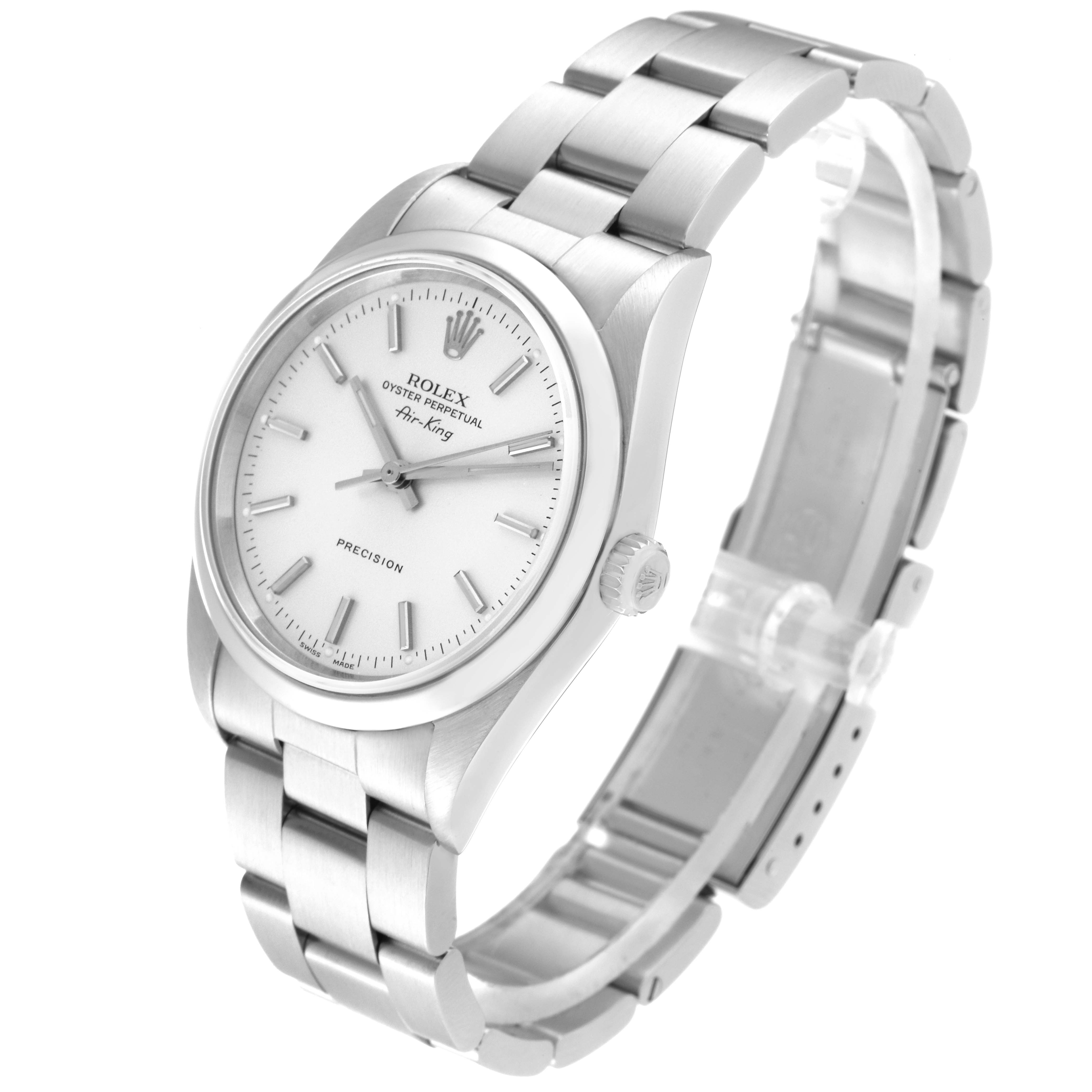 The image shows a Rolex Air-King 14000 Men's Stainless Steel Silver Dial 14000 Men's Stainless Steel Silver Dial watch at a three-quarter angle, highlighting its dial, crown, and bracelet.