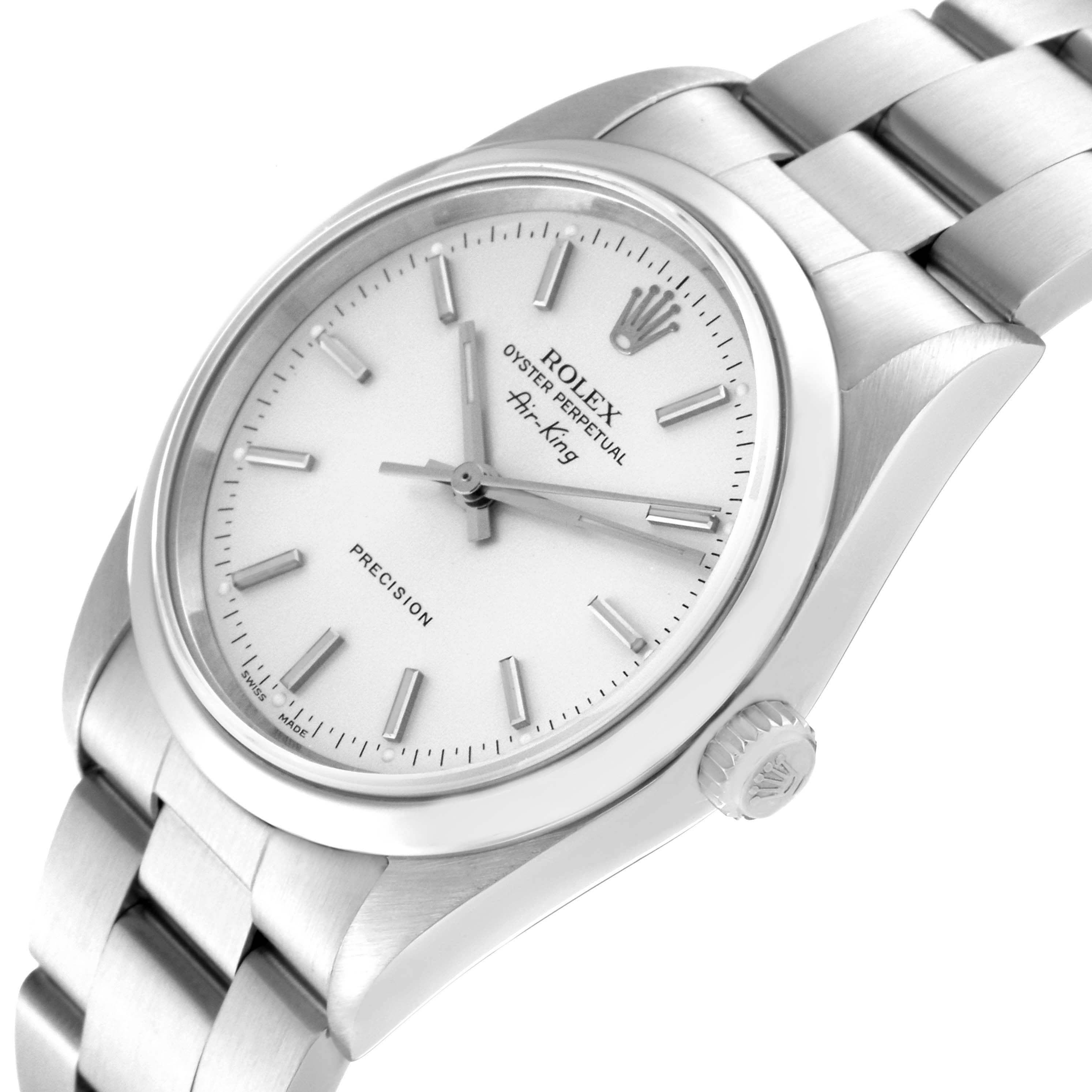 The image shows a Rolex Air-King 14000 Men's Stainless Steel Silver Dial 14000 Men's Stainless Steel Silver Dial watch from an angled view, highlighting its face, bracelet, and crown.
