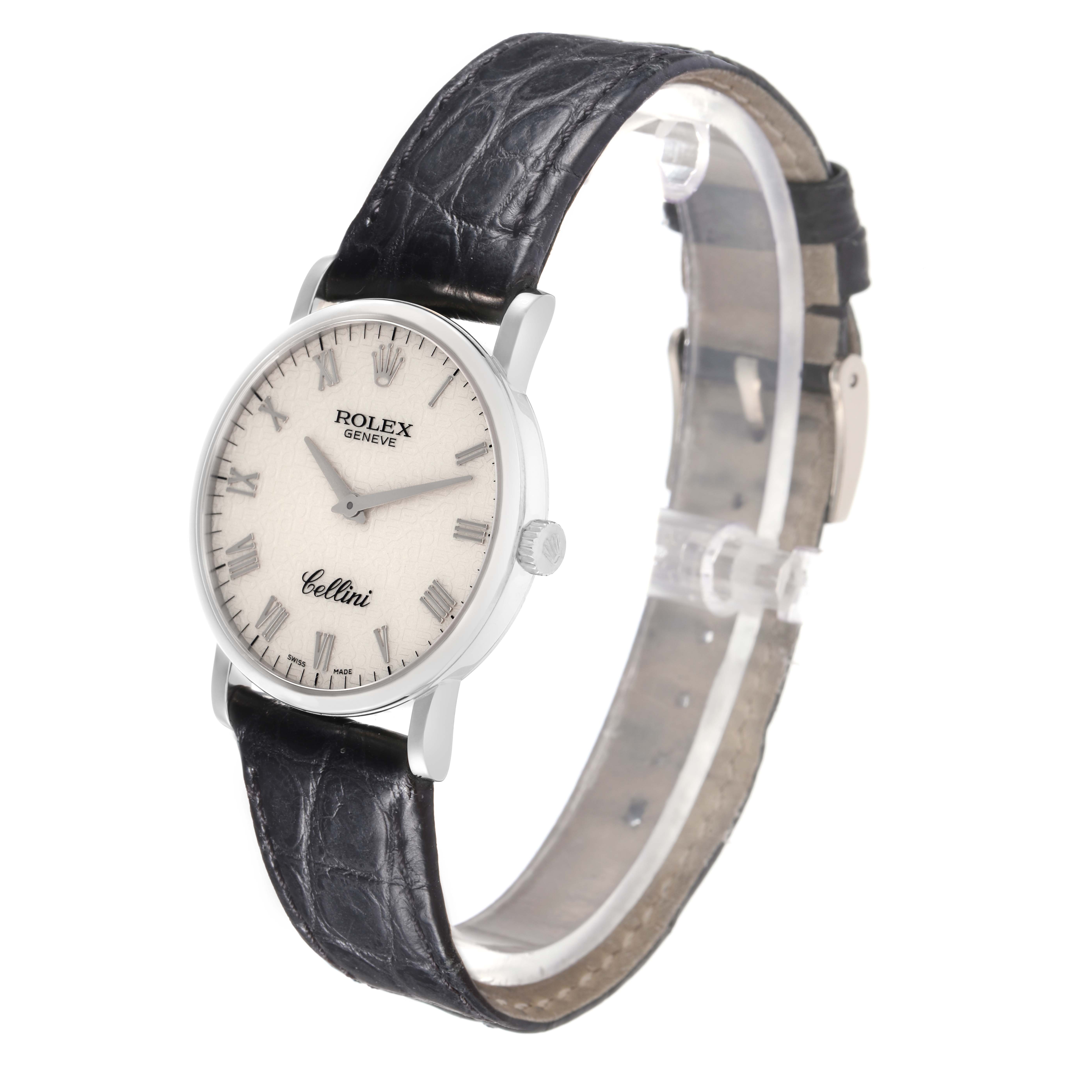 The Rolex Cellini model 5115/9 men
s watch is shown at a slight angle, displaying its face, leather strap, and crown.