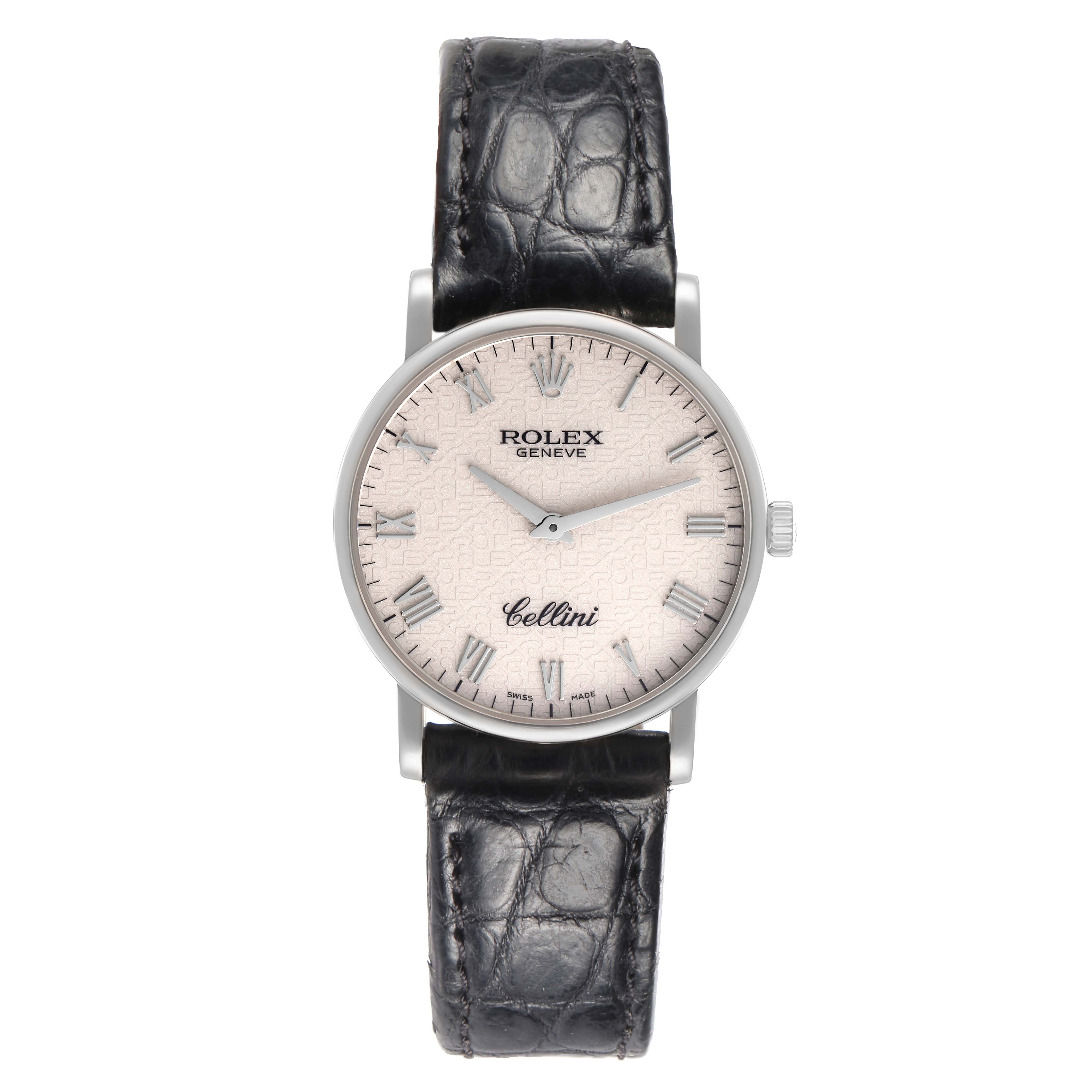 The image shows a Rolex Cellini model 5115/9 men
s watch from a front view, displaying the dial, hands, leather strap, and crown on the side.