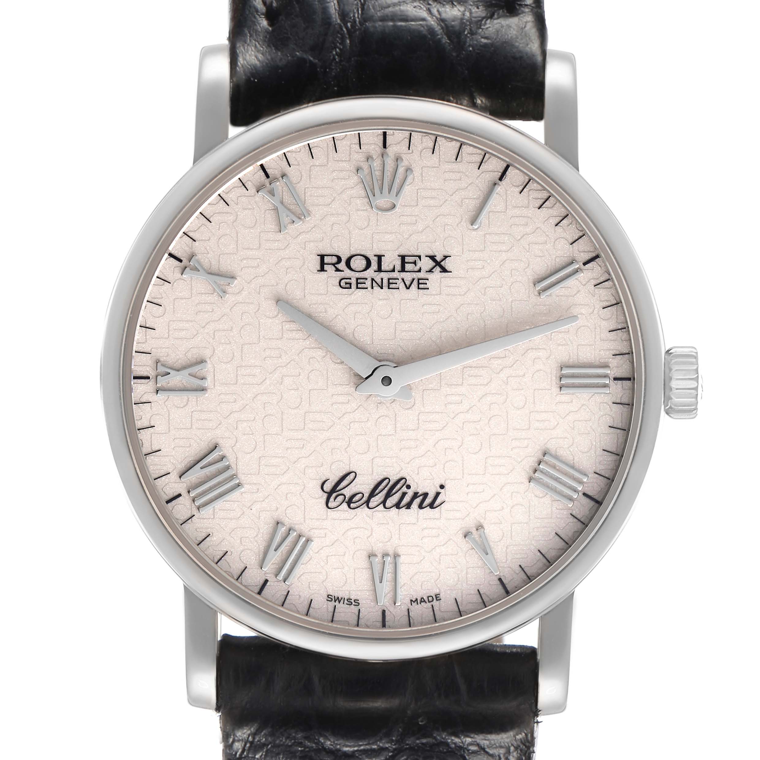 The image shows a front view of a Rolex Cellini model 5115/9 men
s watch, highlighting its dial, Roman numerals, hands, and leather strap.