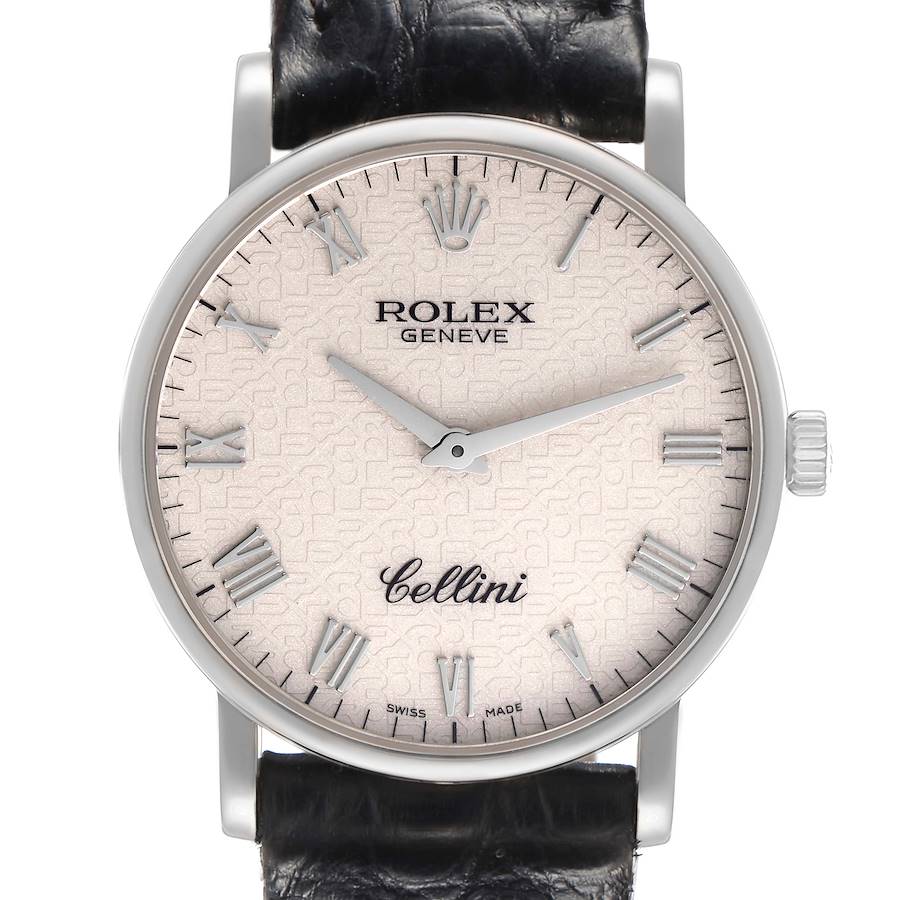The image shows a front view of a Rolex Cellini model 5115/9 men's watch, highlighting its dial, Roman numerals, hands, and leather strap.