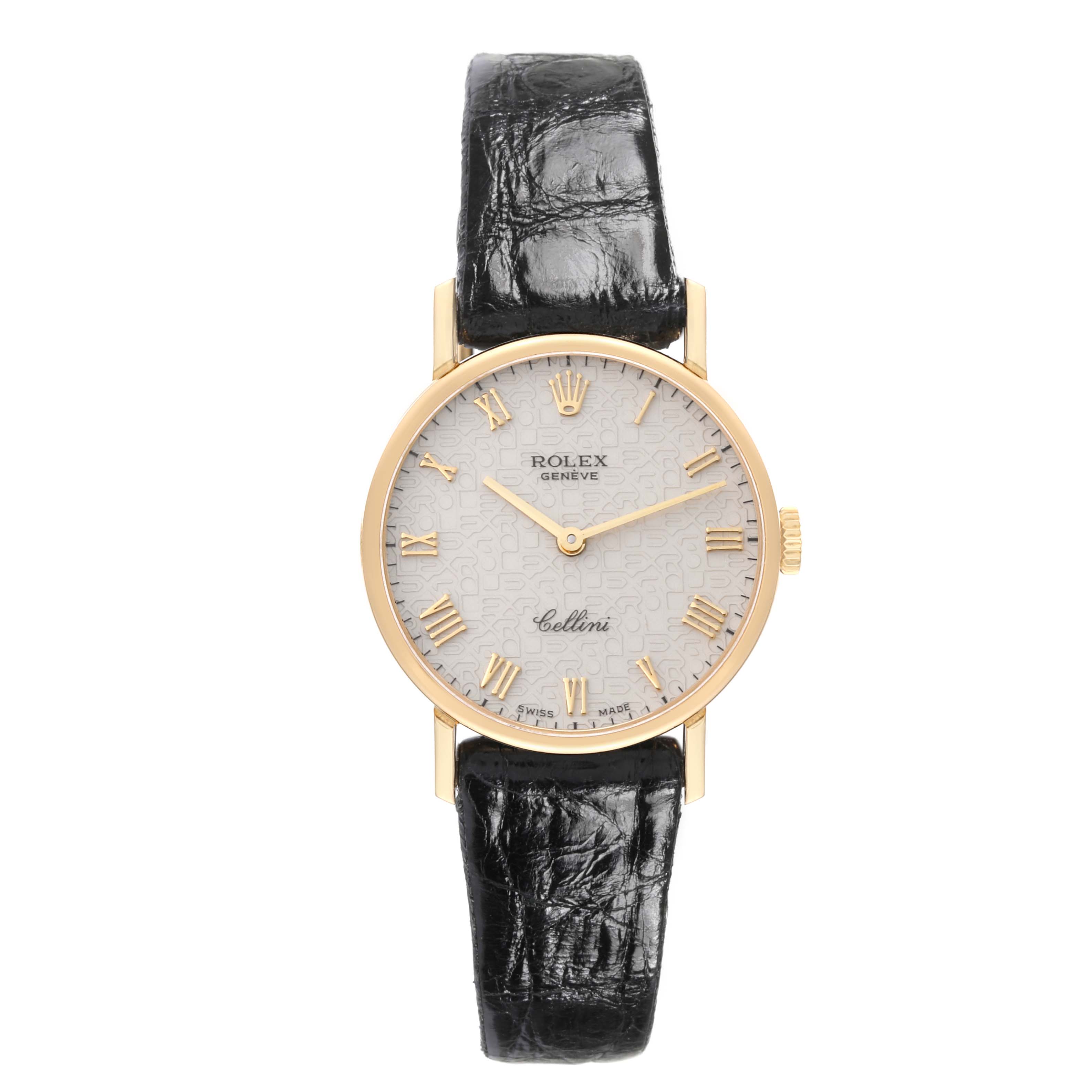 This image shows a Rolex Cellini 5109 Women's Yellow Gold White Dial 5109 Women's Yellow Gold White Dial watch from a front angle, featuring a black leather strap and a gold case with a silver dial.