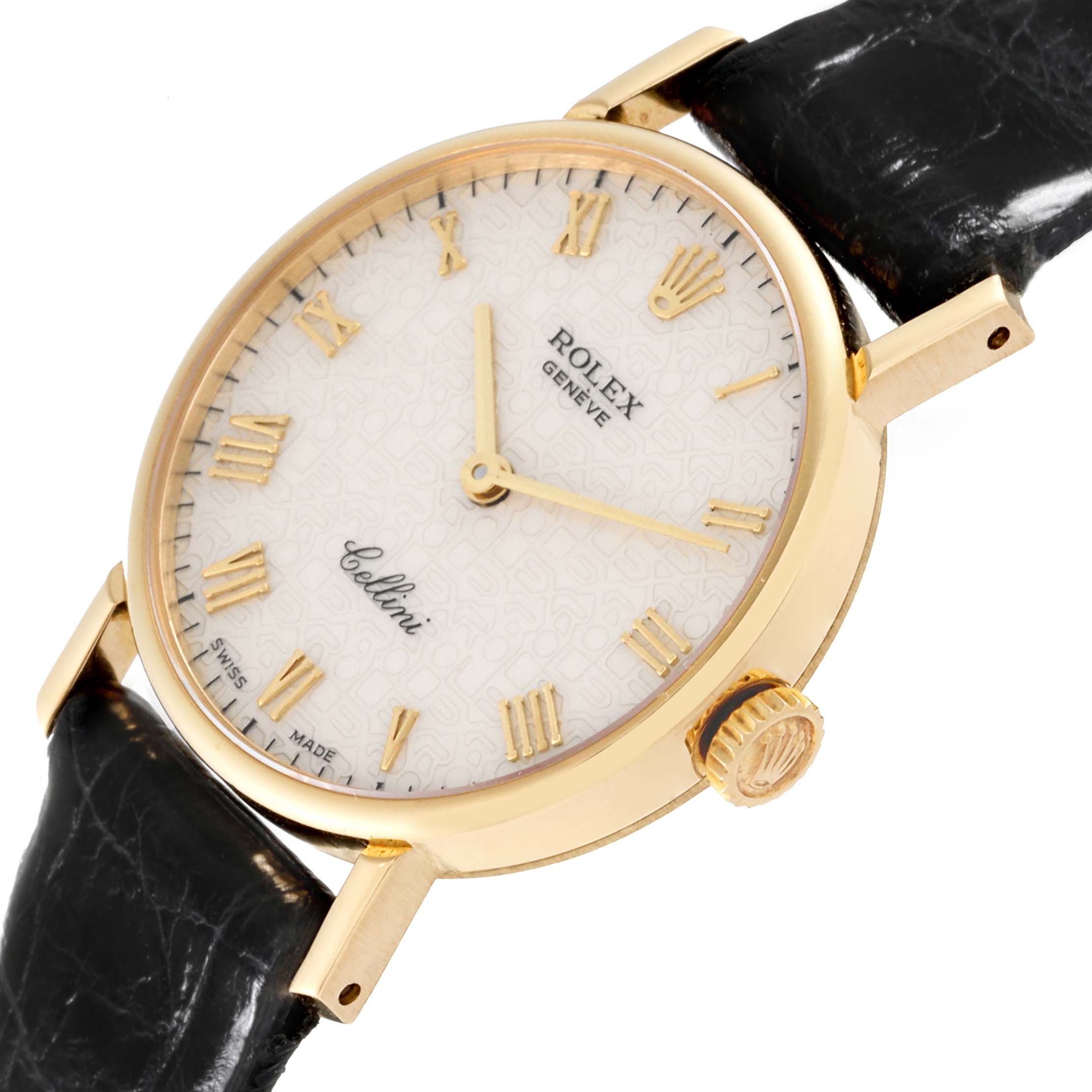 This Rolex Cellini 5109 Women's Yellow Gold White Dial 5109 Women's Yellow Gold White Dial watch is shown at an angle that highlights the face, gold case, crown, and black leather strap.
