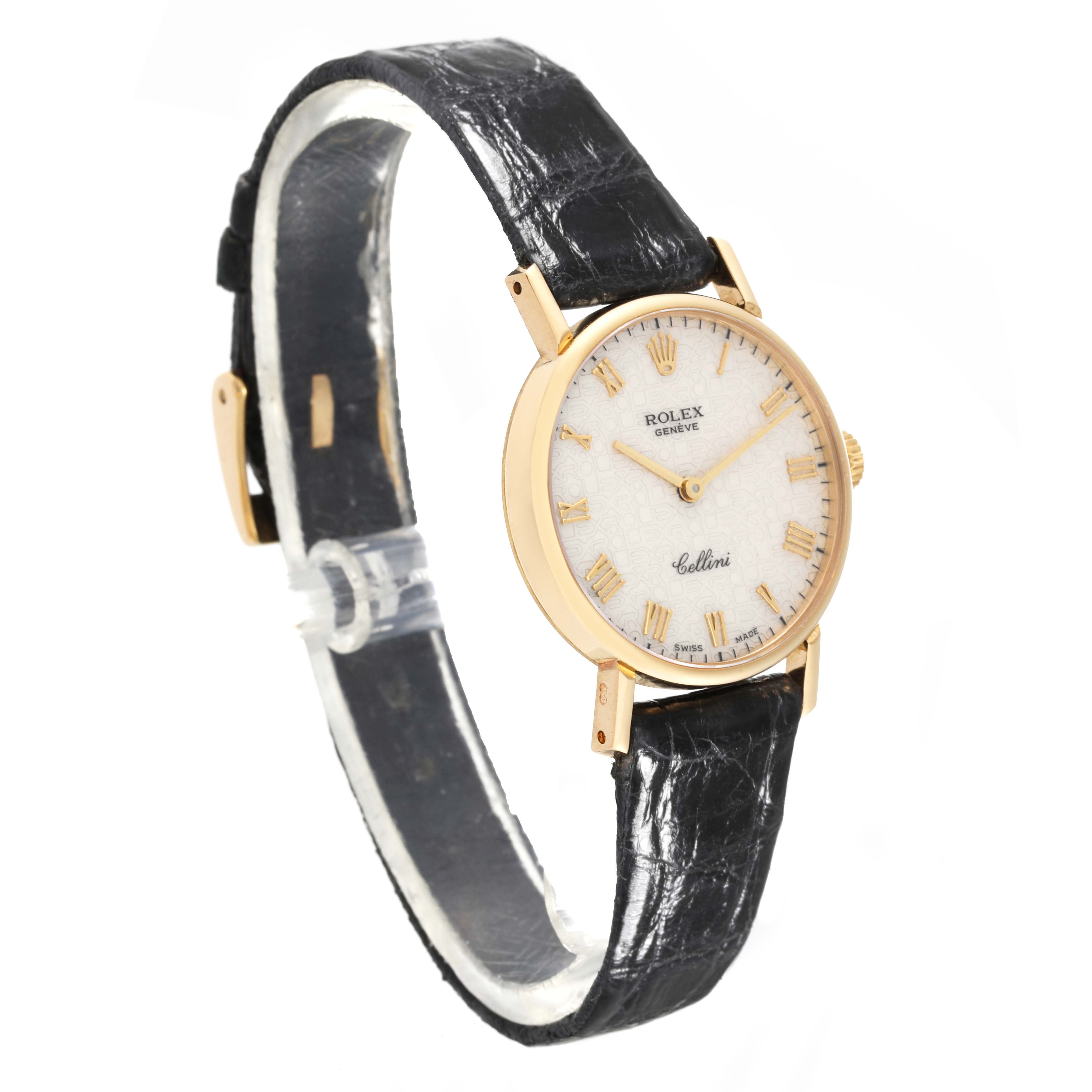 The image shows a side-angle view of a Rolex Cellini 5109 Women's Yellow Gold White Dial 5109 Women's Yellow Gold White Dial watch, displaying its face, black leather strap, and gold casing.