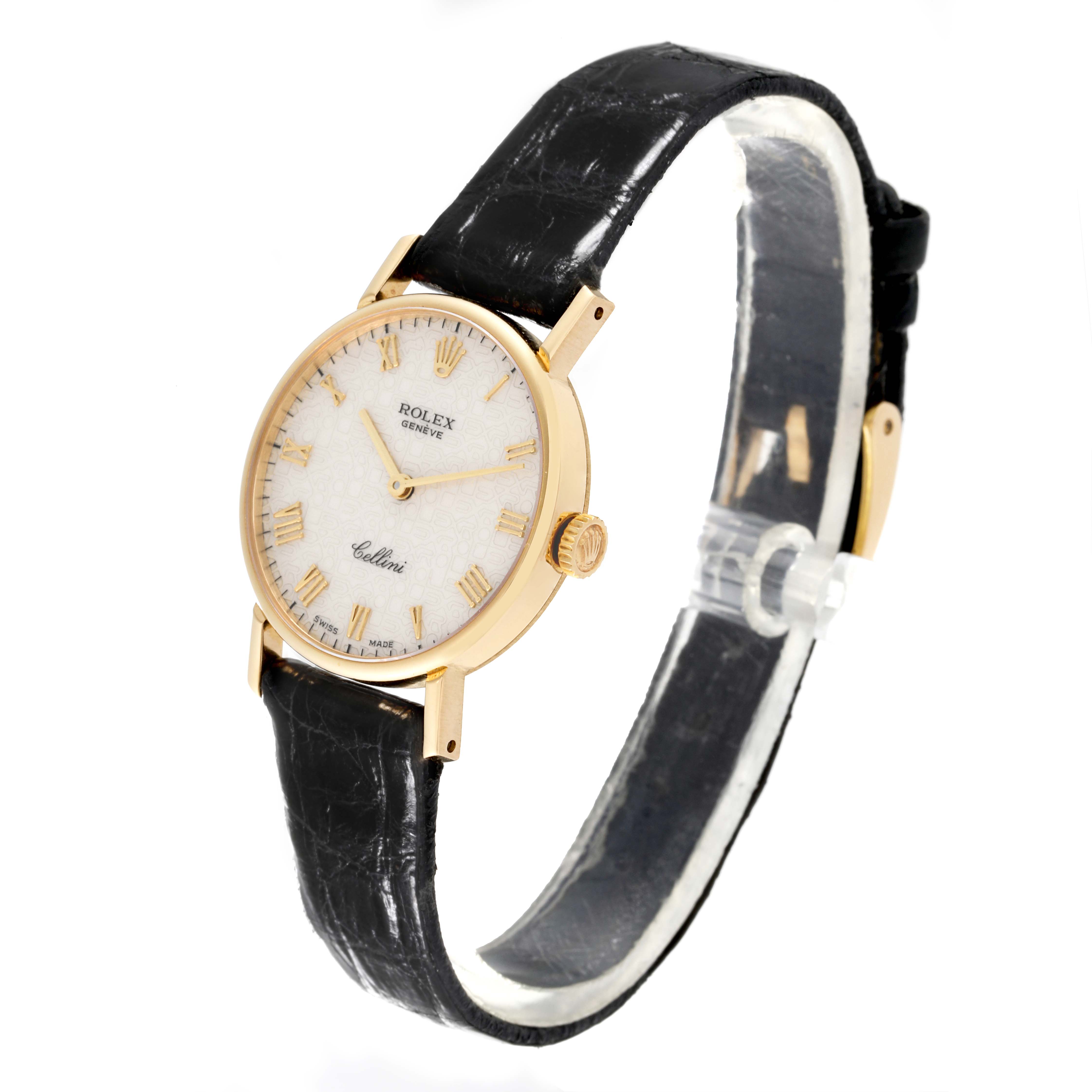 The Rolex Cellini 5109 Women's Yellow Gold White Dial 5109 Women's Yellow Gold White Dial watch is shown at a slight angle displaying its face, gold casing, crown, and black leather strap.