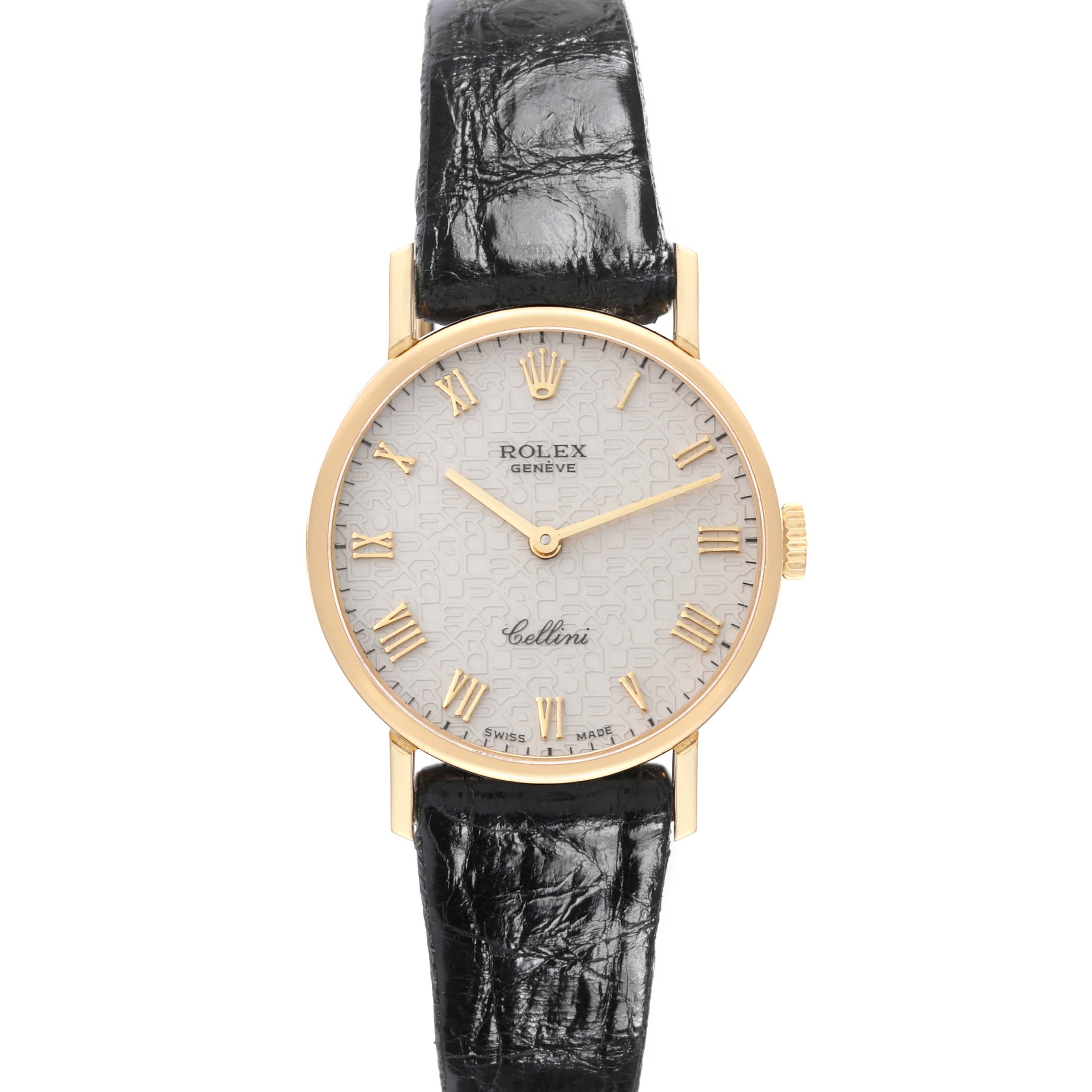 The Rolex Cellini 5109 Women's Yellow Gold White Dial 5109 Women's Yellow Gold White Dial watch is shown from a front angle, displaying the face, dial, hands, and leather strap.