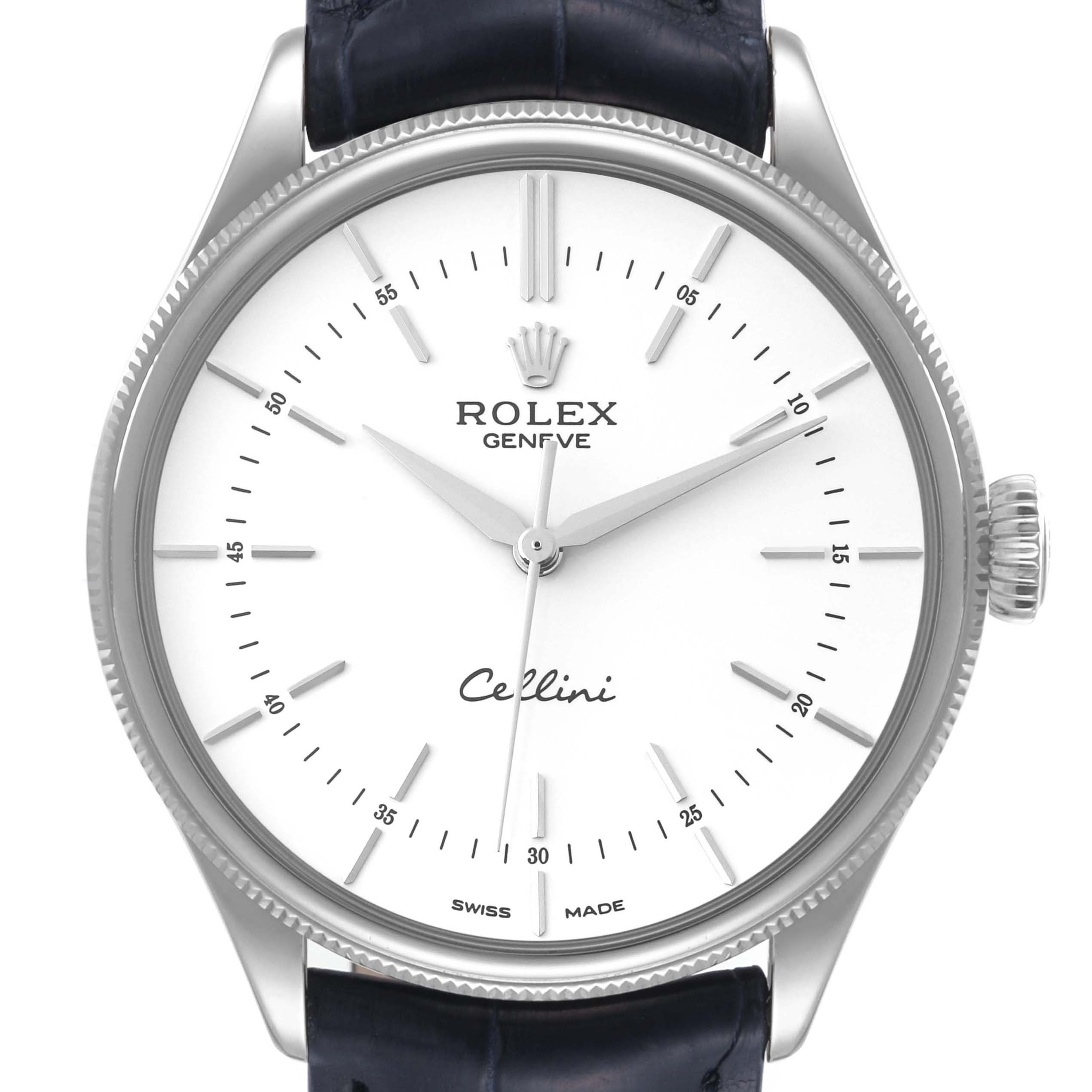 The image shows a Rolex Cellini 50509 Men's White Gold White Dial 50509 Men's White Gold White Dial watch from a front angle, highlighting the face, bezel, and part of the strap.