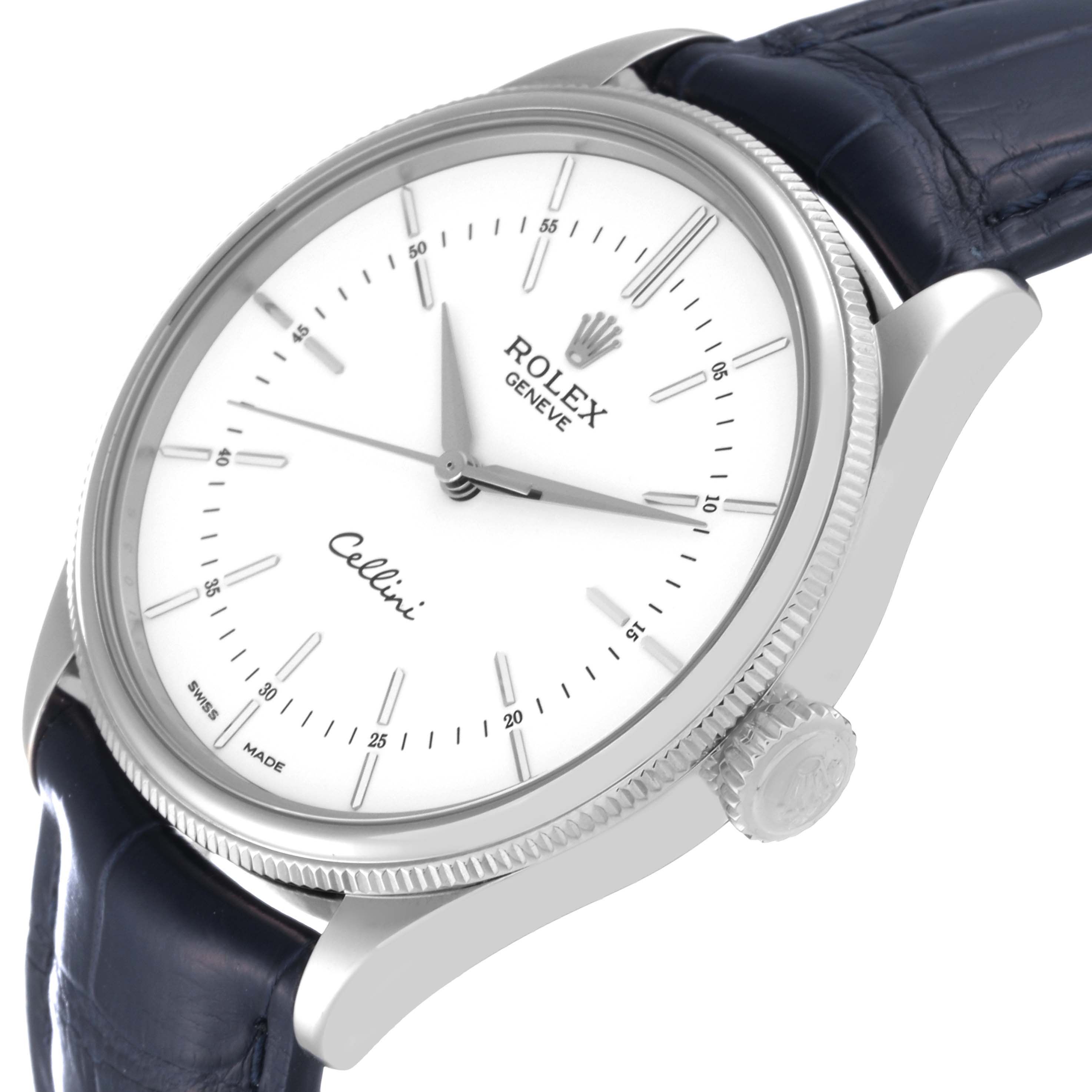 The image shows a Rolex Cellini 50509 Men's White Gold White Dial 50509 Men's White Gold White Dial watch at an angle displaying the face, crown, and part of the strap.
