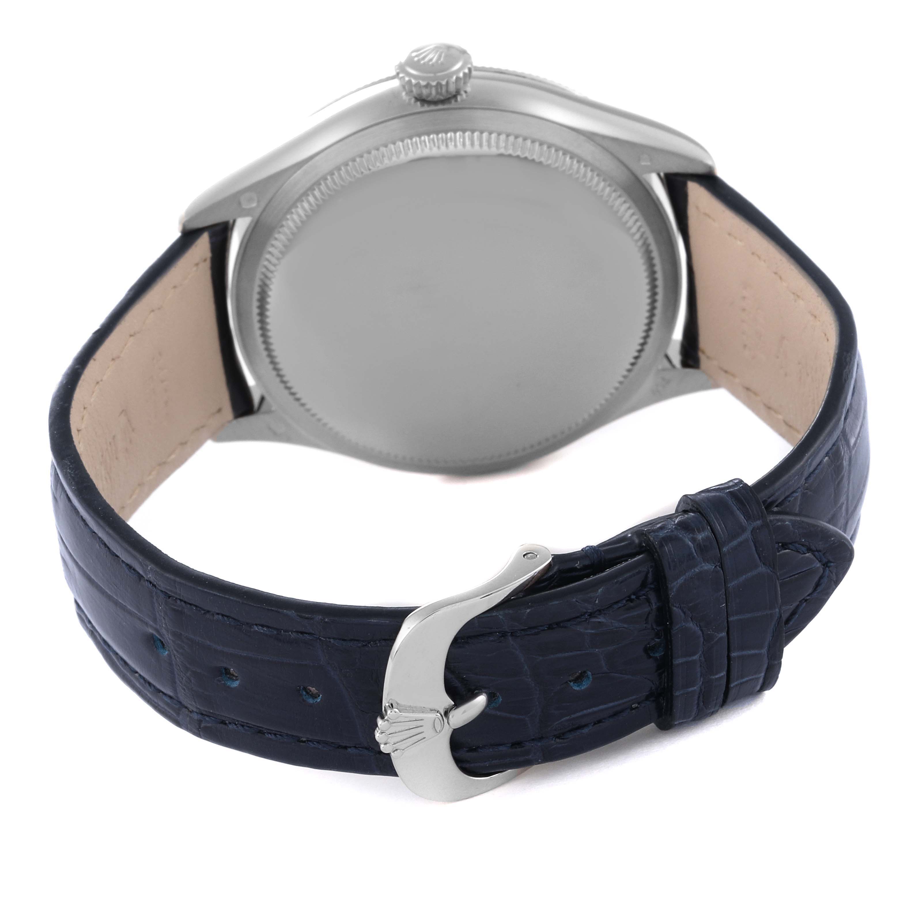 This image shows the back view of a Rolex Cellini 50509 Men's White Gold White Dial 50509 Men's White Gold White Dial watch, highlighting its caseback, crown, and leather strap with a buckle.