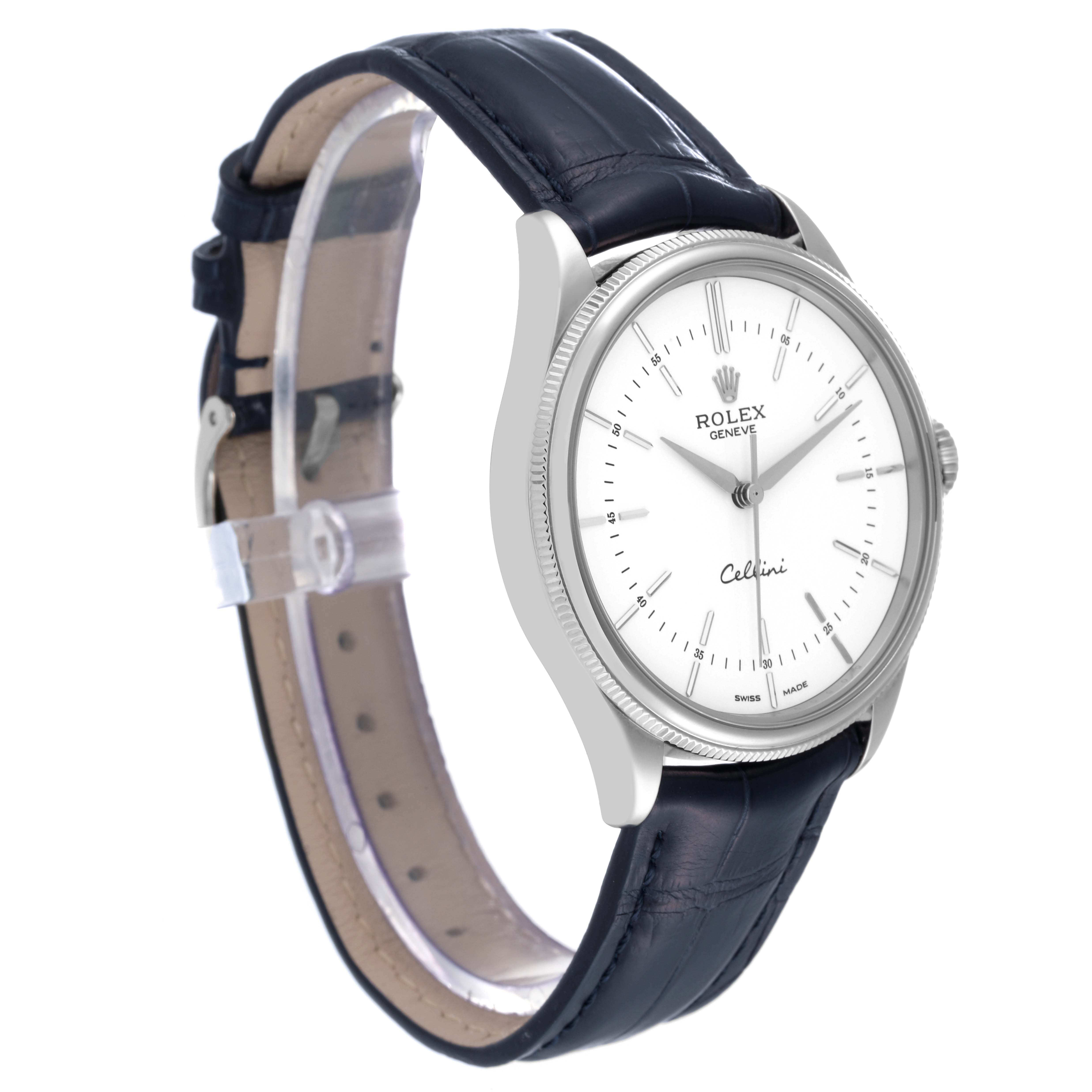 This image shows a side view of a Rolex Cellini 50509 Men's White Gold White Dial 50509 Men's White Gold White Dial watch, highlighting its black leather strap and white dial.