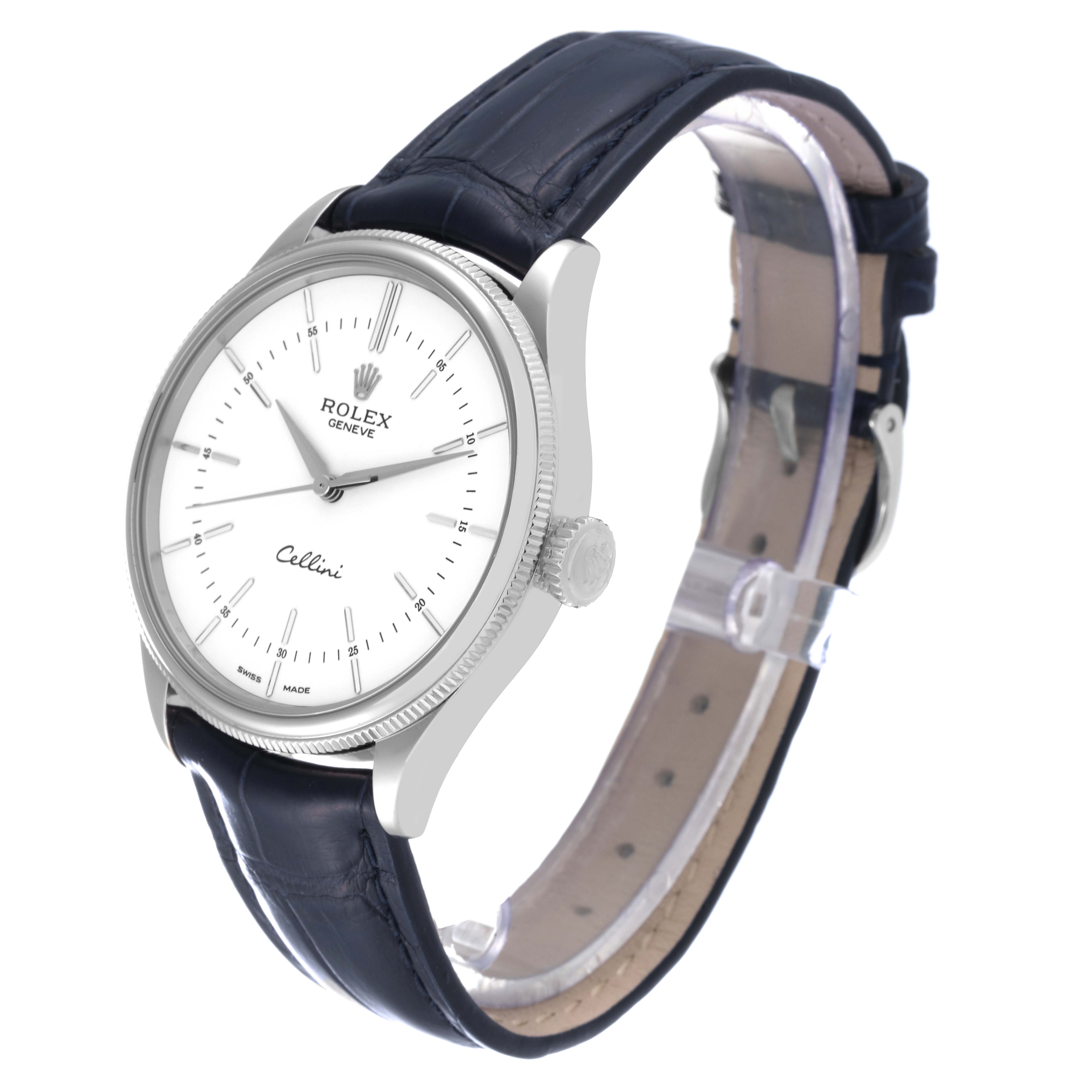 This image shows the Rolex Cellini 50509 Men's White Gold White Dial 50509 Men's White Gold White Dial watch from a side angle, highlighting the face, bezel, crown, and leather strap.