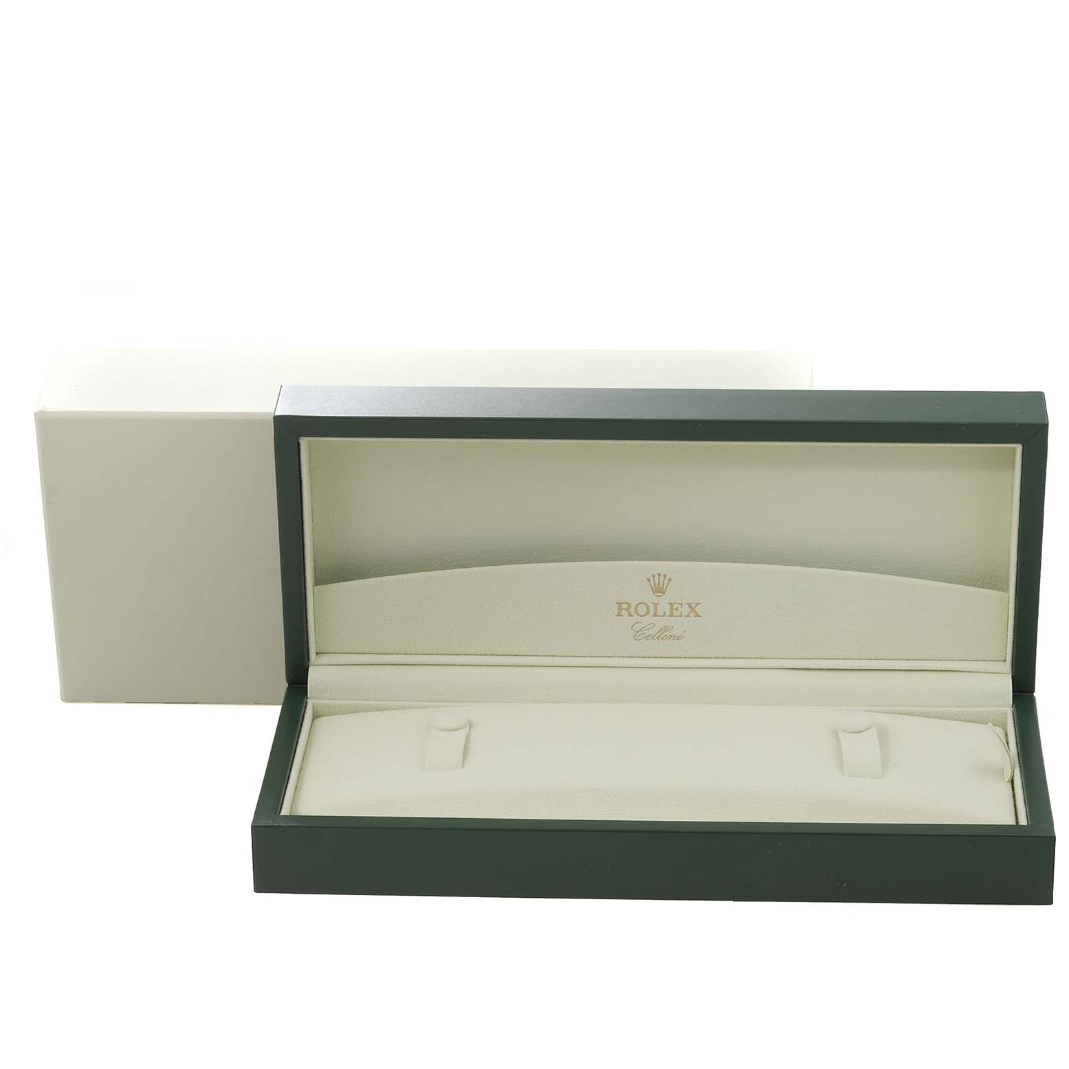 The image shows an open Rolex Cellini 50509 Men's White Gold White Dial 50509 Men's White Gold White Dial watch box with interior padding, viewed from the front.