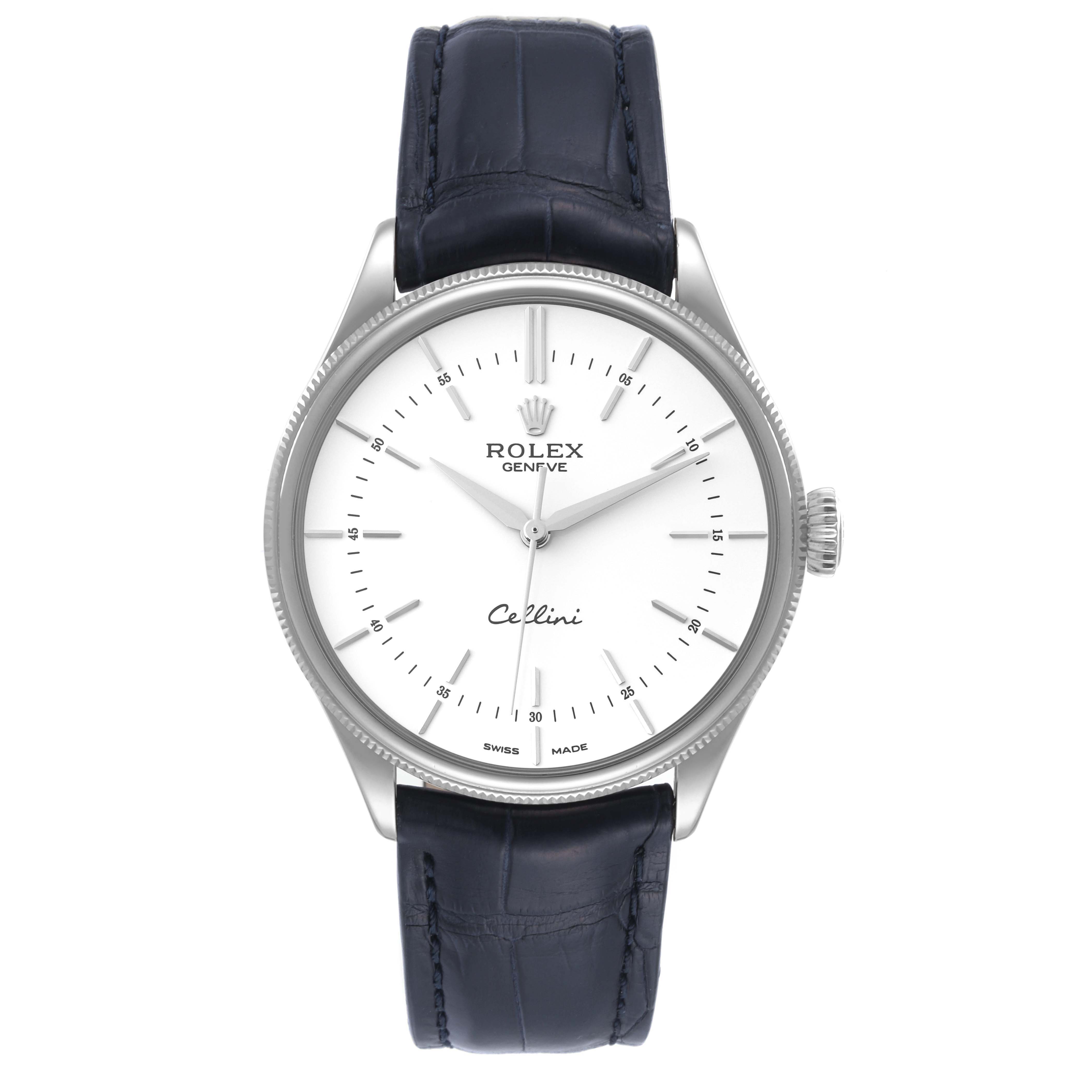 The image shows a front-facing view of a Rolex Cellini 50509 Men's White Gold White Dial 50509 Men's White Gold White Dial watch, highlighting the face, bezel, and leather strap.