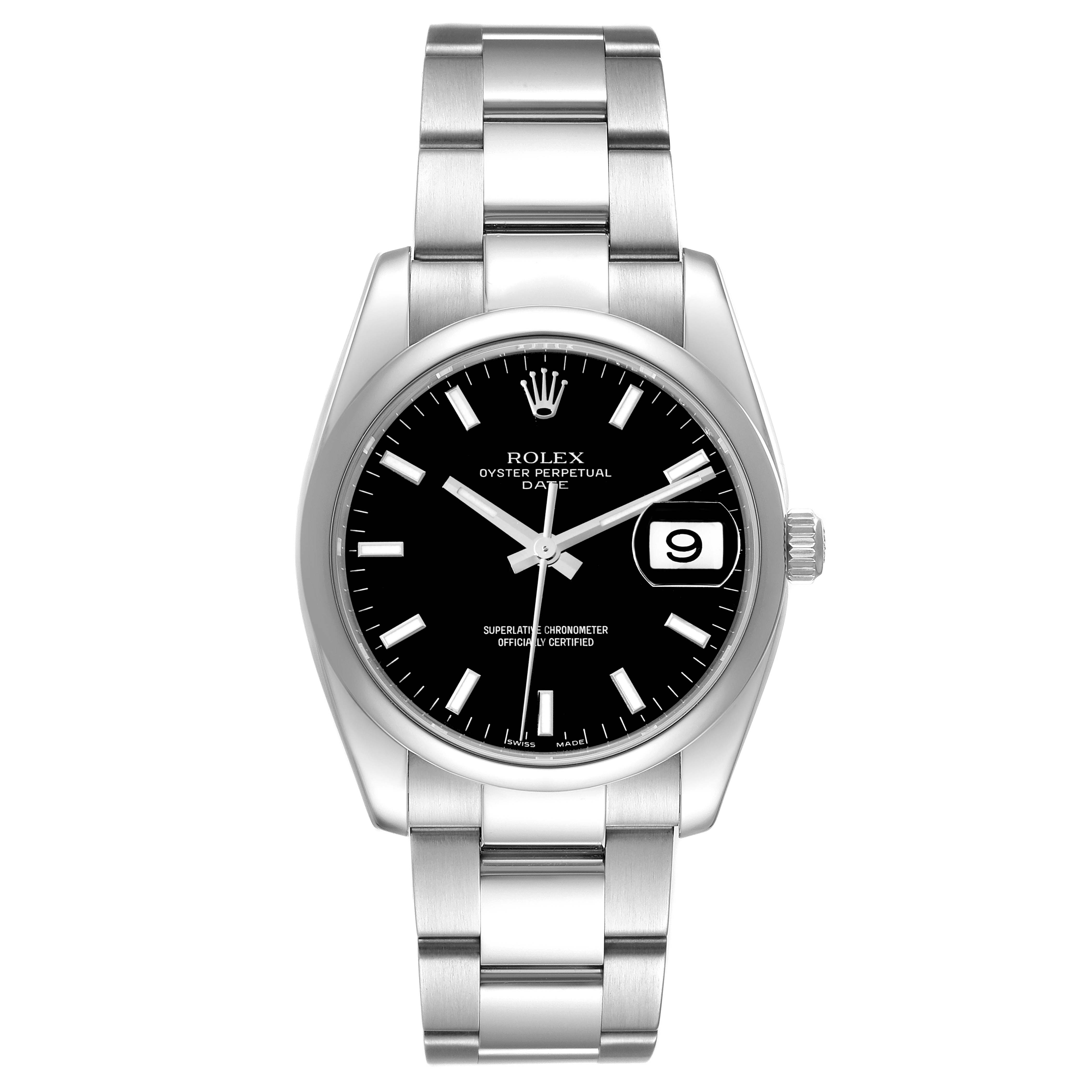 The image shows a front view of a Rolex Oyster Perpetual Date watch, highlighting the black dial, date window, and stainless steel bracelet.
