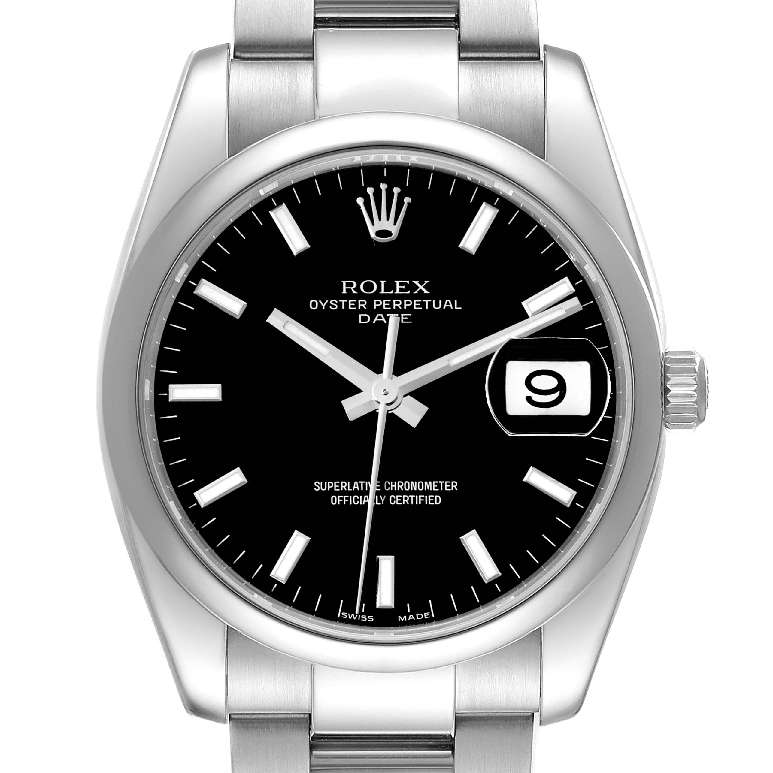 This is a front view of the Rolex Oyster Perpetual Date watch, showing the dial, bezel, and part of the bracelet.