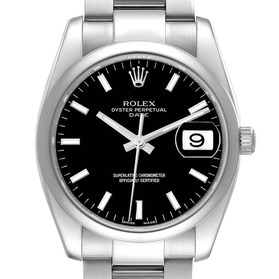 Rolex Date Black Dial Oyster Bracelet Steel Mens Watch 115200 SwissWatchExpo