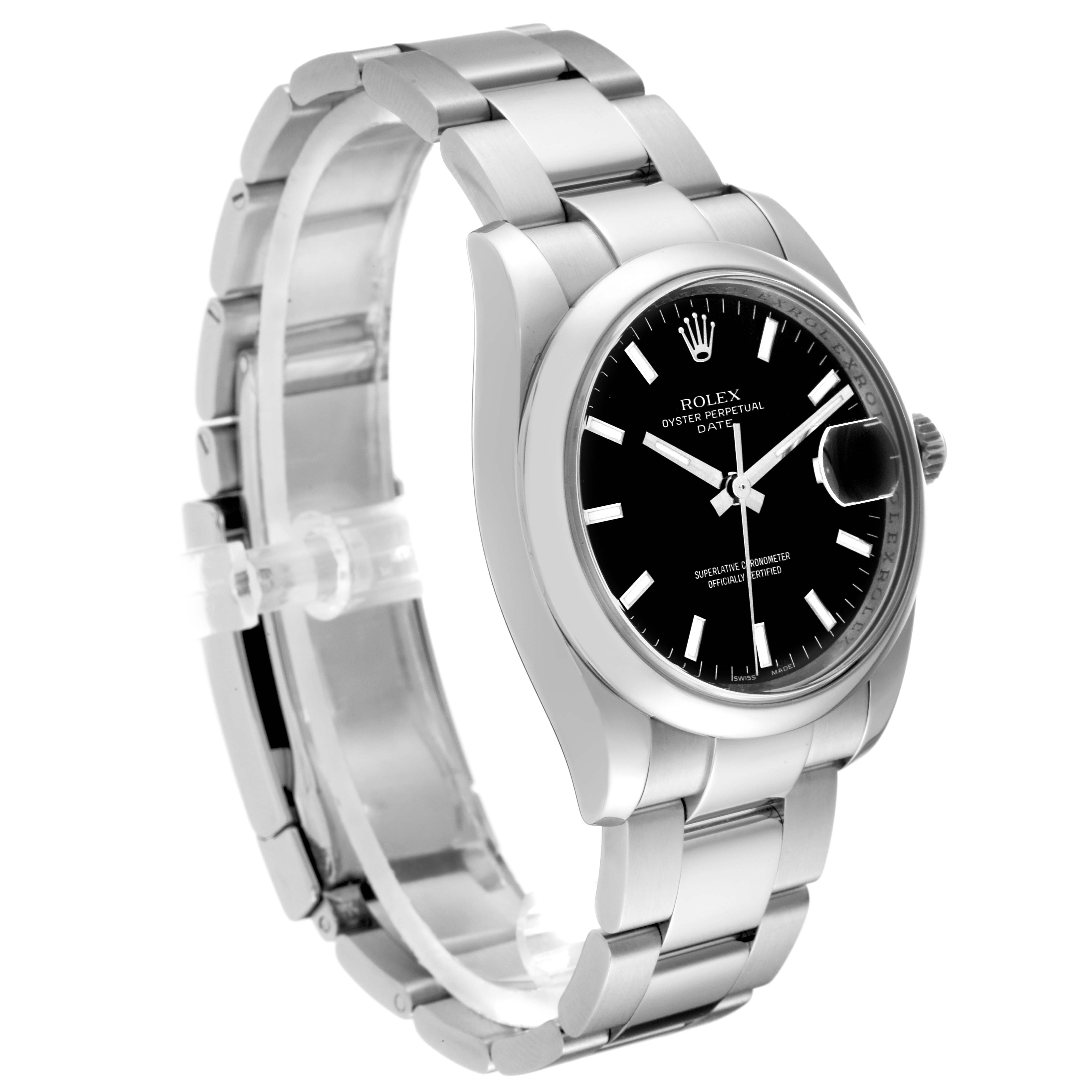 This image shows the Rolex Date 115200 Men
s Stainless Steel Black Dial 115200 Men
s Stainless Steel Black Dial model watch at a three-quarter angle, showcasing the dial, bezel, crown, and bracelet.