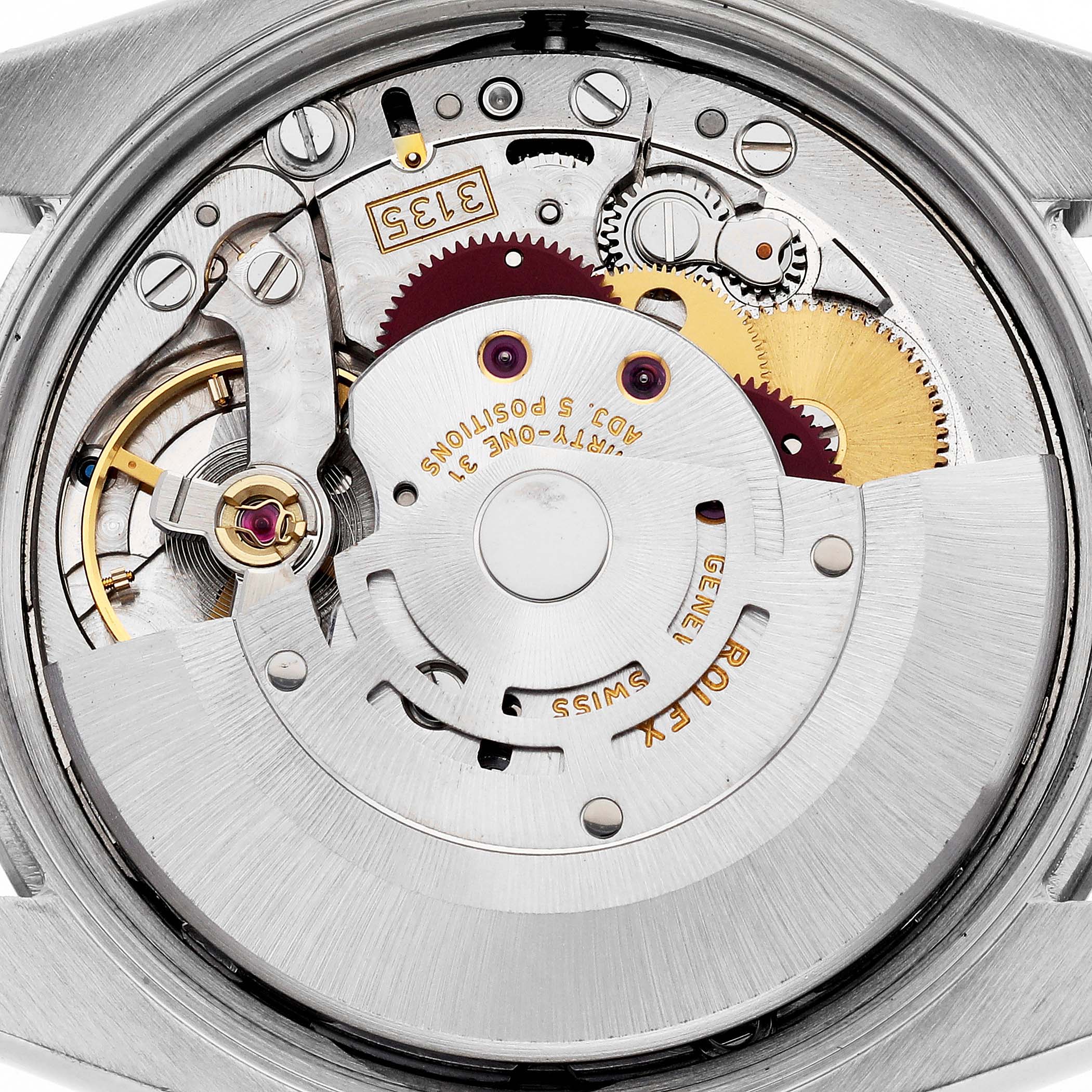 This image shows the internal mechanical components of a Rolex Date 115200 Men
s Stainless Steel Black Dial 115200 Men
s Stainless Steel Black Dial model watch viewed from the back.