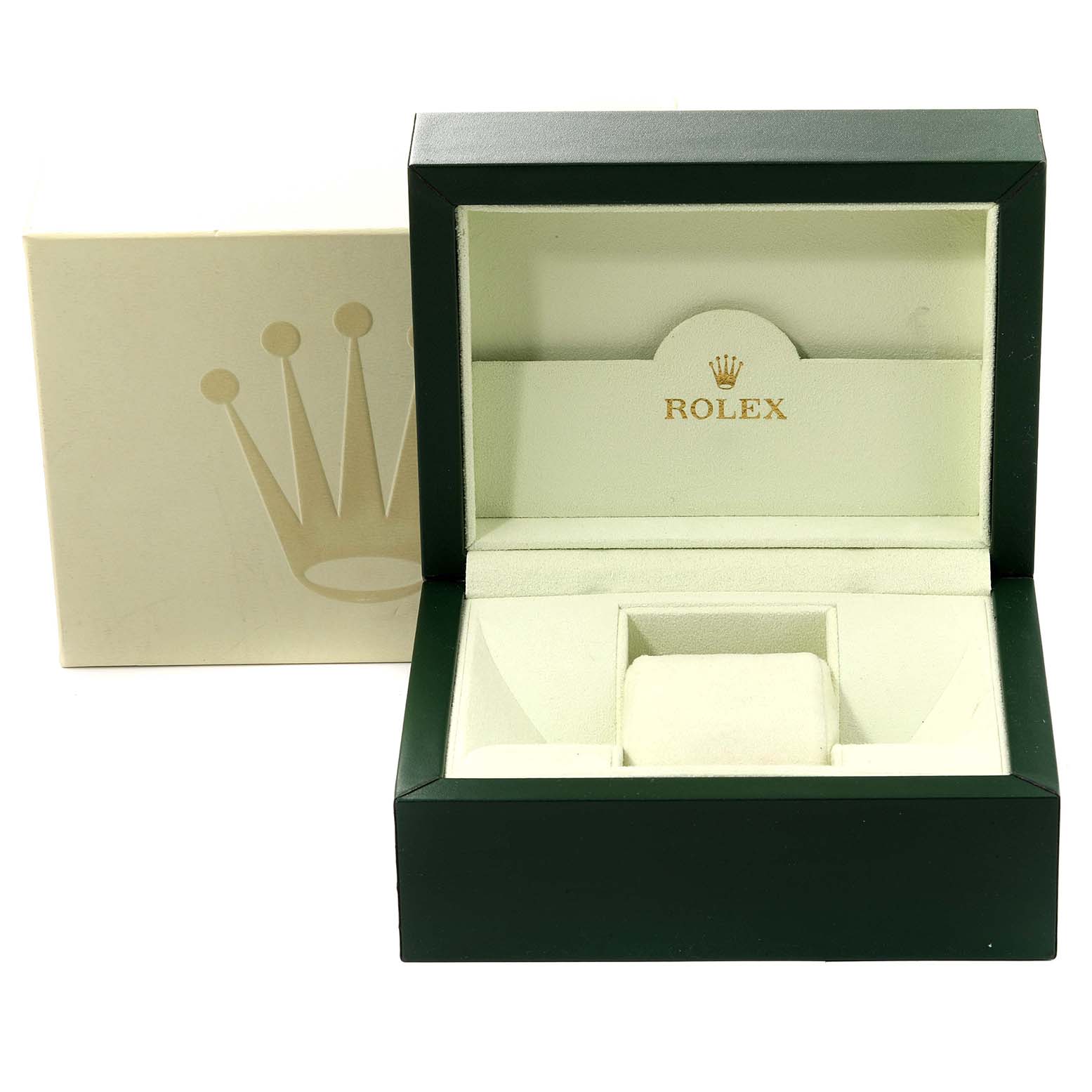 The image shows an open Rolex Date 115200 Men
s Stainless Steel Black Dial 115200 Men
s Stainless Steel Black Dial model watch box from a front angle, displaying the interior lining and watch cushion.