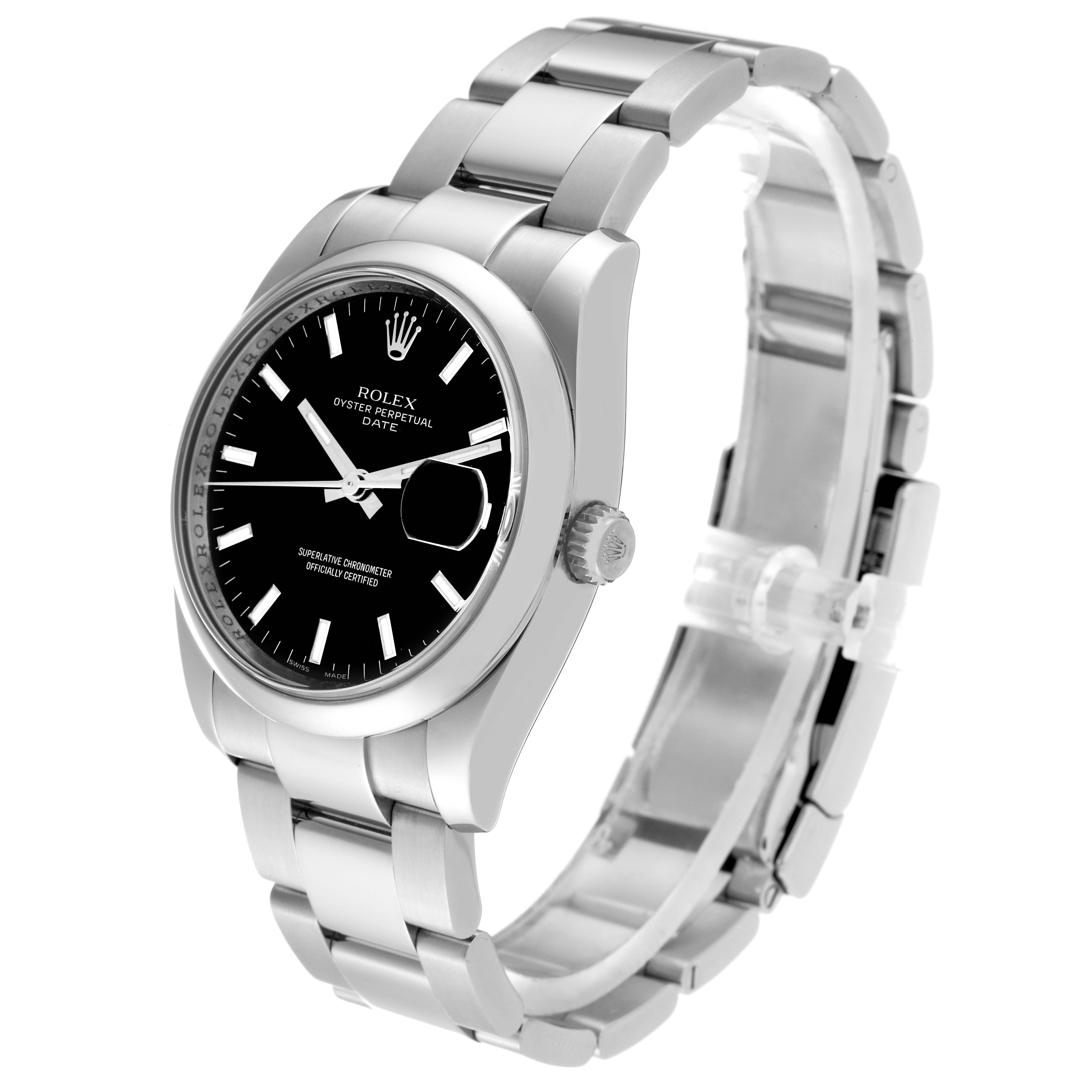 The image shows a side and angled view of the Rolex Date 115200 Men
s Stainless Steel Black Dial 115200 Men
s Stainless Steel Black Dial model, detailing the dial, bracelet, and crown.