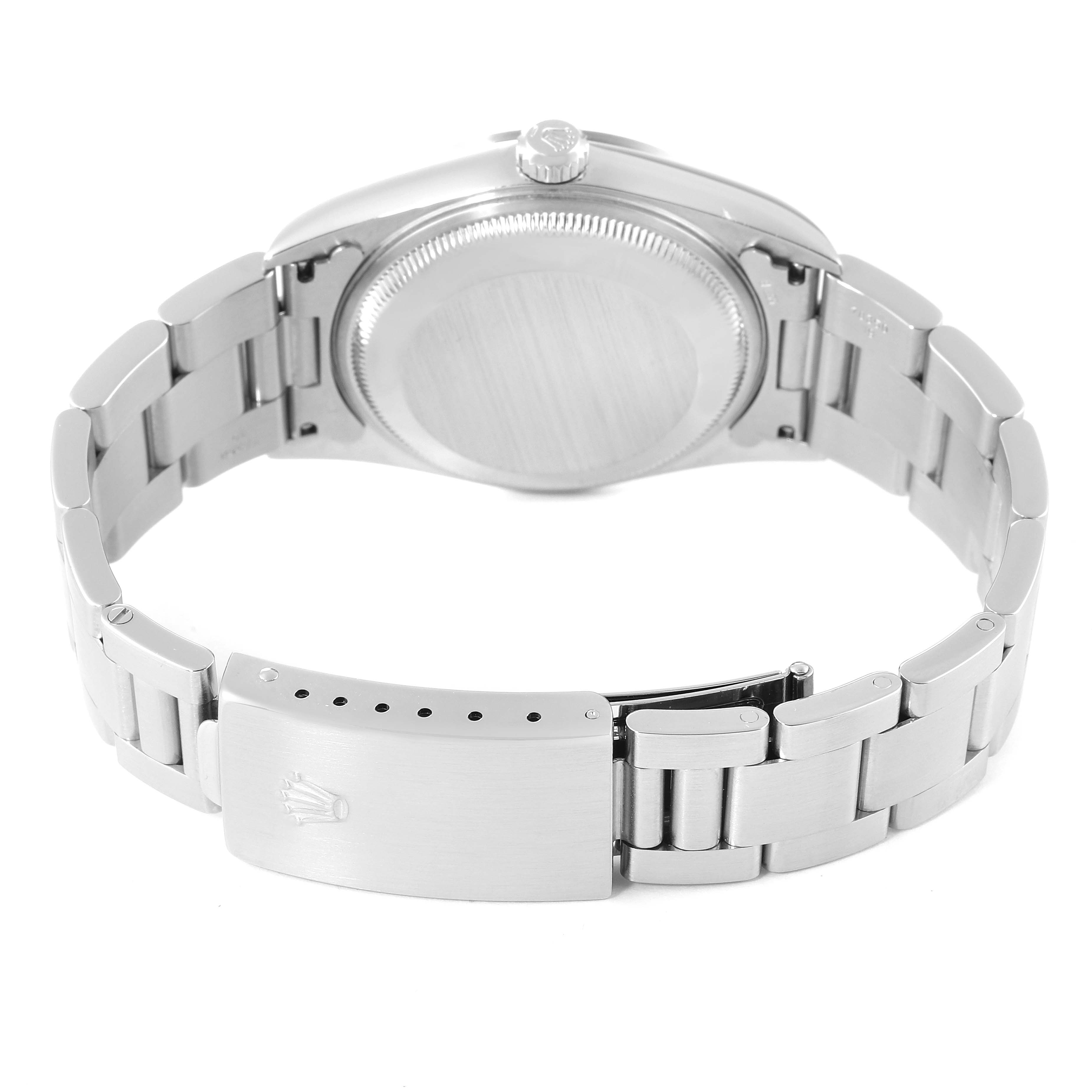 This image shows the back case and metal bracelet clasp of the Rolex Date 15200 Men's Stainless Steel Black Dial 15200 Men's Stainless Steel Black Dial watch model from a rear view angle.