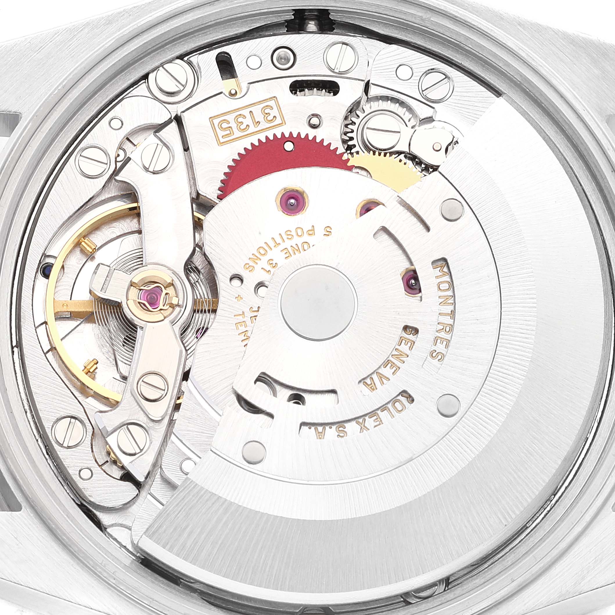 This is a close-up of the Rolex Date 15200 Men's Stainless Steel Black Dial 15200 Men's Stainless Steel Black Dial model, displaying its movement and internal components.