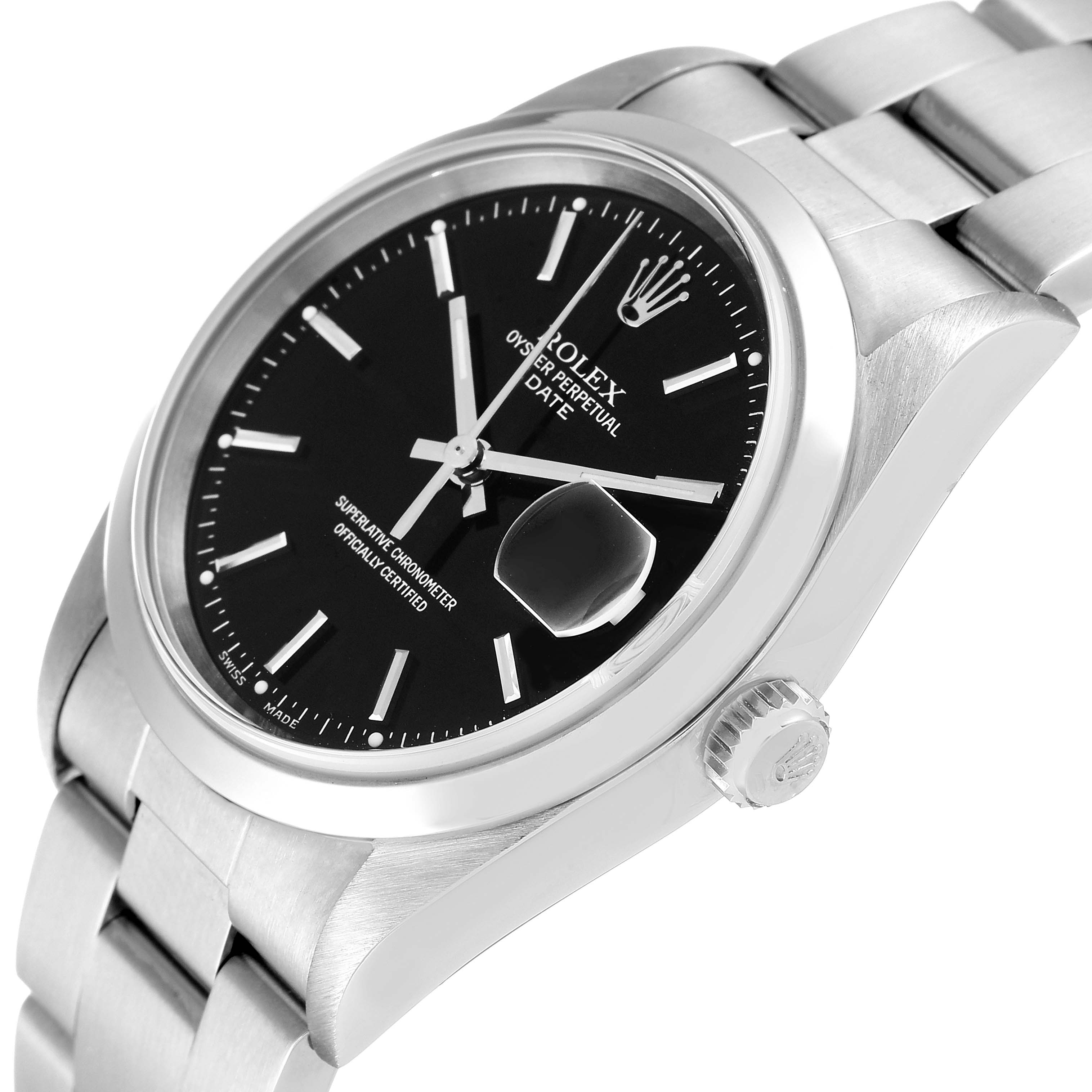 The Rolex Date 15200 Men's Stainless Steel Black Dial 15200 Men's Stainless Steel Black Dial model watch is shown at an angle highlighting its dial, cyclops lens, bezel, crown, and part of the bracelet.