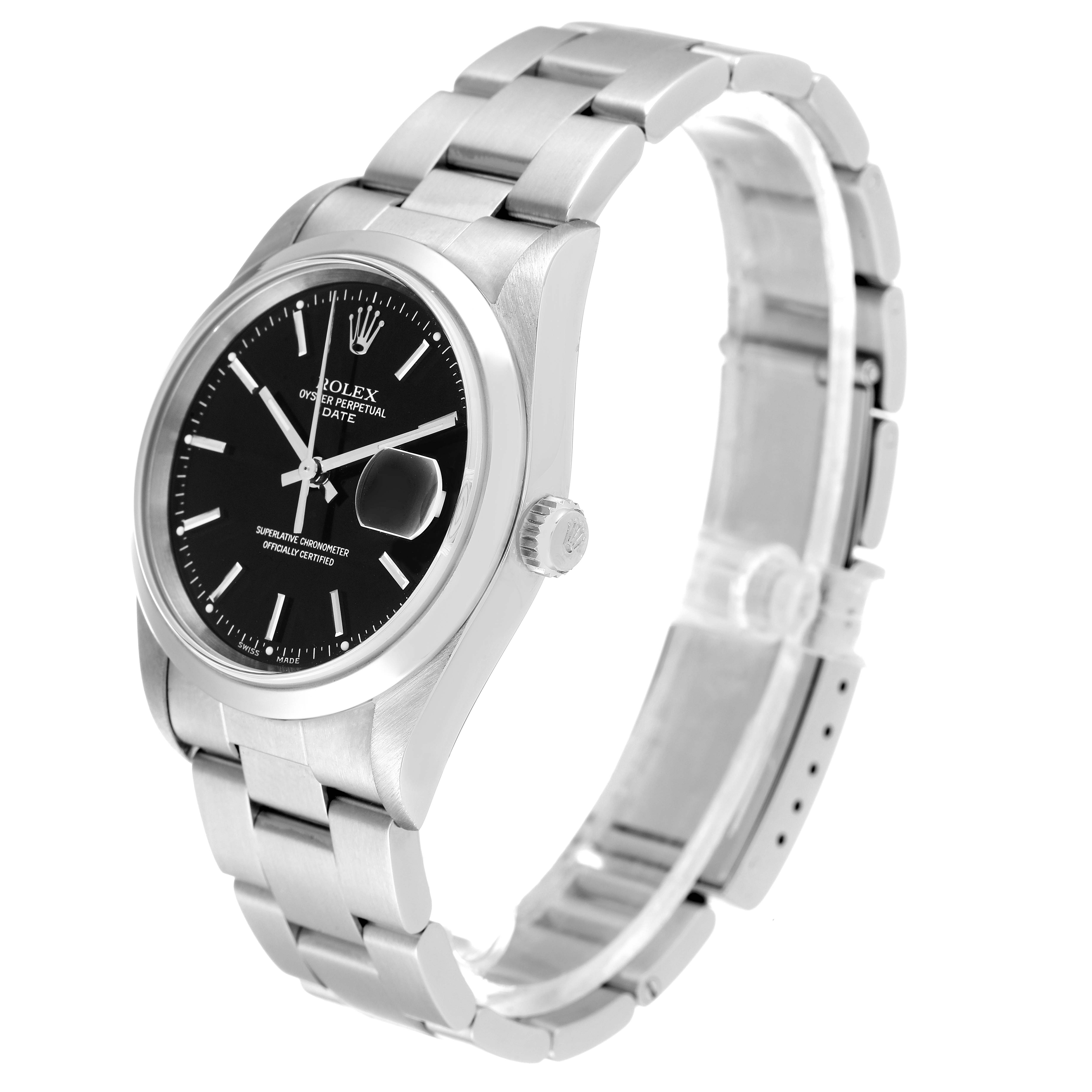 The image shows a Rolex Date 15200 Men's Stainless Steel Black Dial 15200 Men's Stainless Steel Black Dial model watch at a three-quarter angle, highlighting the dial, bezel, crown, and bracelet.