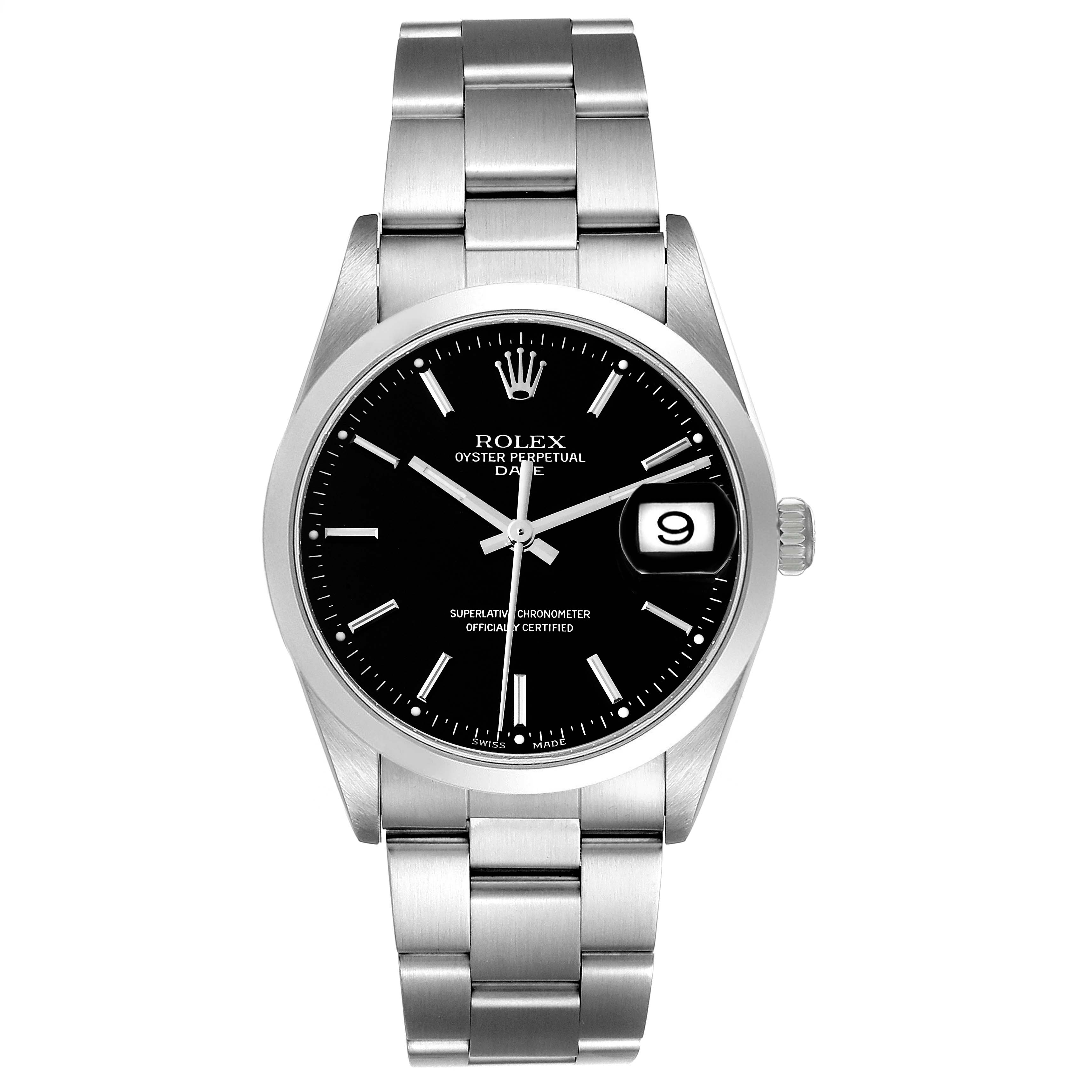 The image shows a front view of a Rolex Date 15200 Men's Stainless Steel Black Dial 15200 Men's Stainless Steel Black Dial model watch, including the dial, hands, bracelet, and date window.