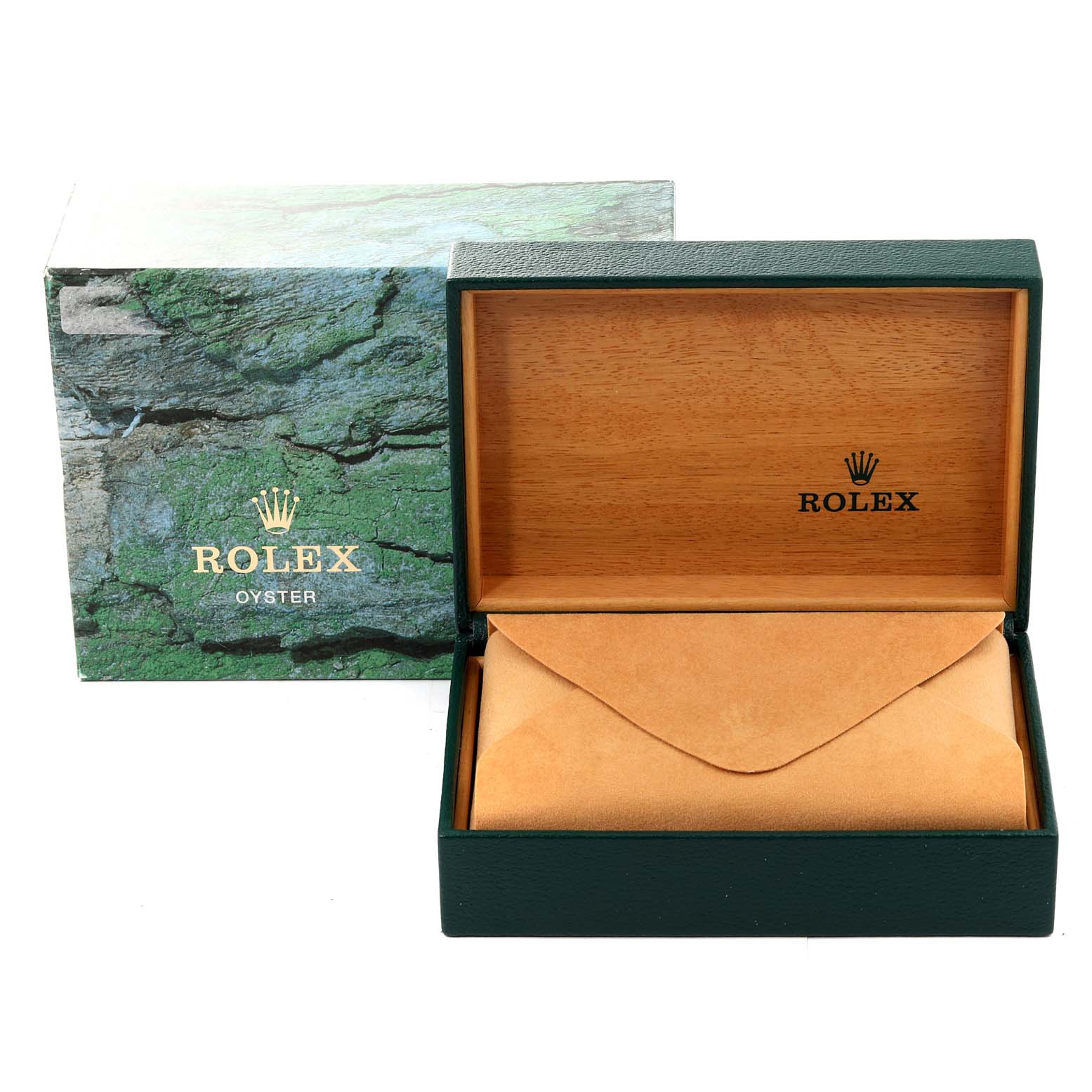 The image shows an opened box for a Rolex Date 15200 Men's Stainless Steel Black Dial 15200 Men's Stainless Steel Black Dial model watch, with an outer box and the watch resting inside on a leather cushion.