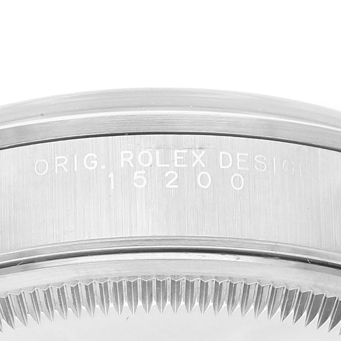 The image shows a close-up of the case side of a Rolex Date 15200 Men's Stainless Steel Black Dial 15200 Men's Stainless Steel Black Dial model, displaying the "ORIG. ROLEX DESIGN 15200" engraving.