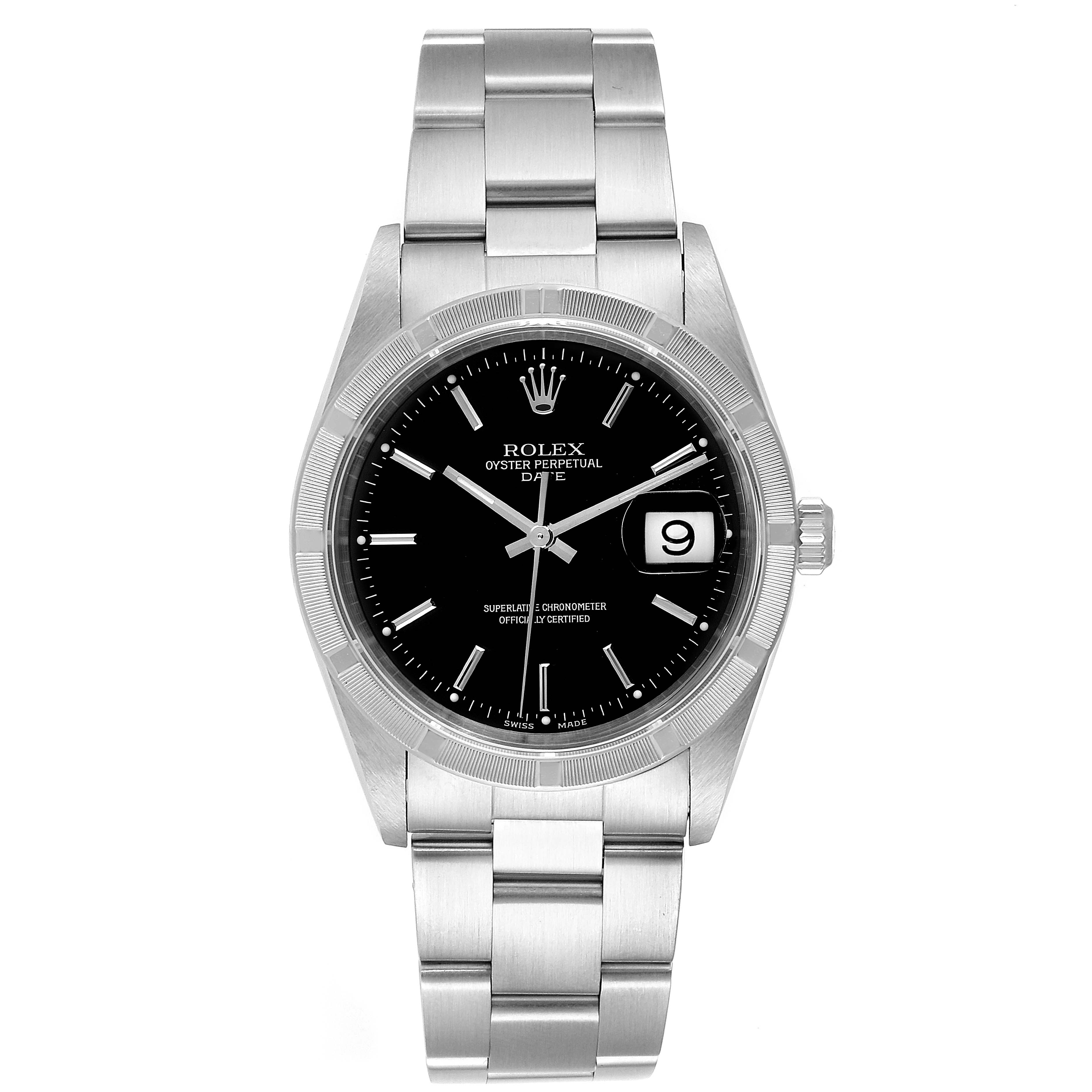 This image shows a front view of a Rolex Date 15210 Men's Stainless Steel Black Dial 15210 Men's Stainless Steel Black Dial model watch, displaying the dial, bezel, bracelet, and the date window at 3 o'clock.