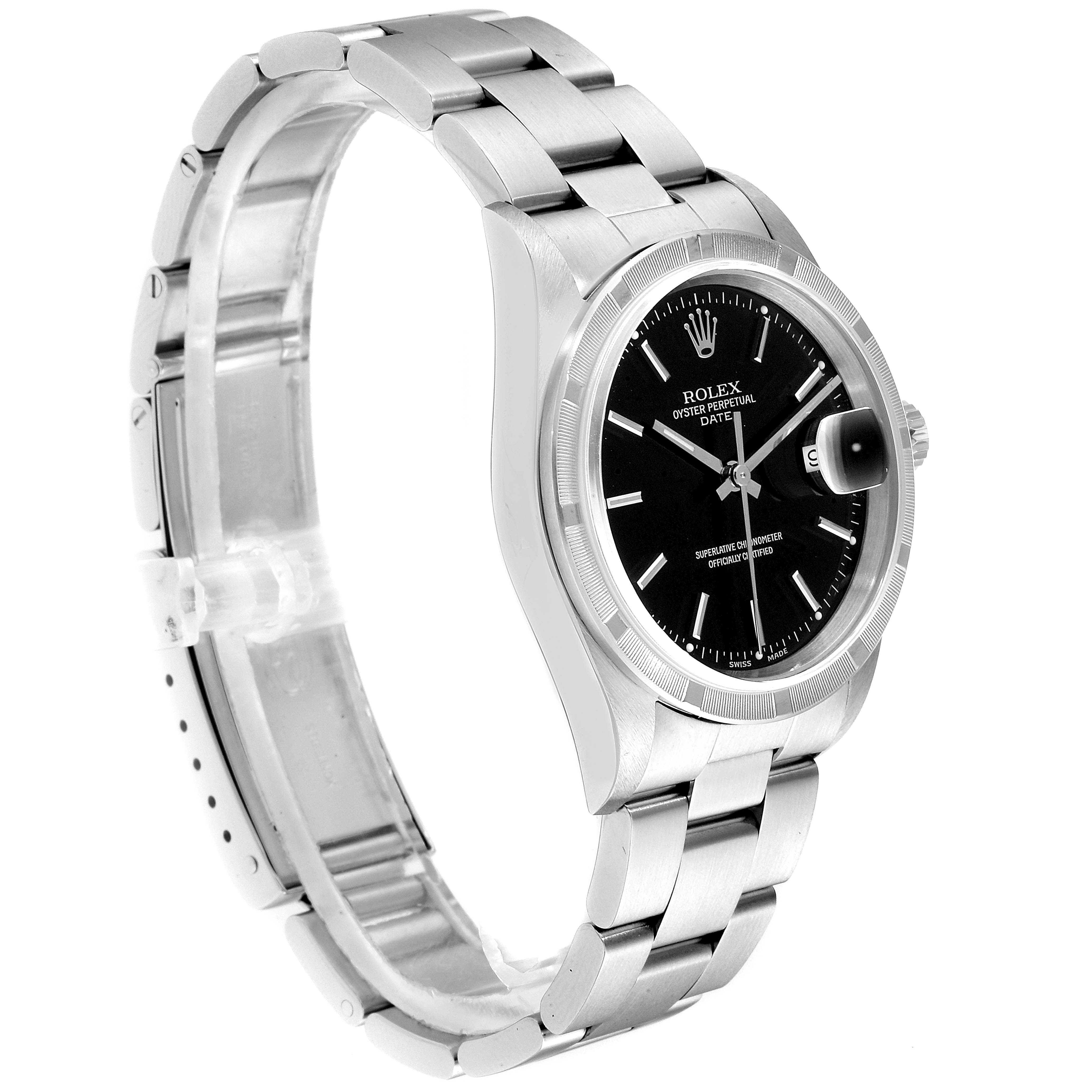 This image shows a side angle of the Rolex Date 15210 Men's Stainless Steel Black Dial 15210 Men's Stainless Steel Black Dial model watch, highlighting the bracelet, case, and black dial.