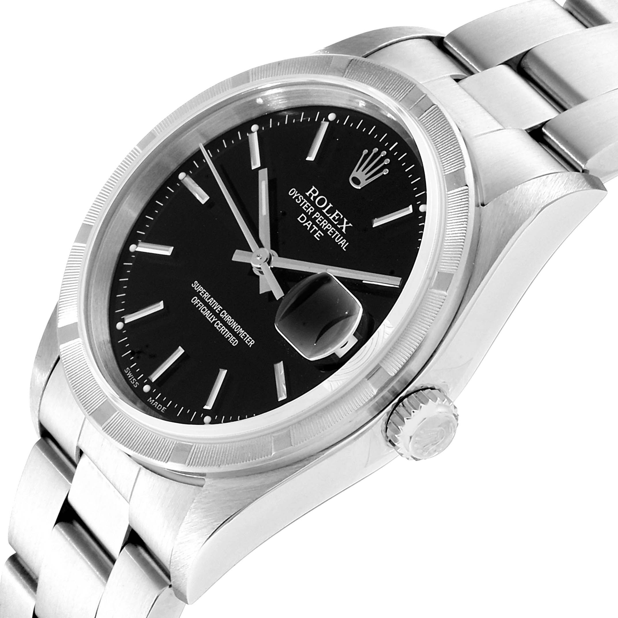 The image shows a side angle of the Rolex Date 15210 Men's Stainless Steel Black Dial 15210 Men's Stainless Steel Black Dial watch, highlighting its black dial, fluted bezel, crown, and part of the bracelet.
