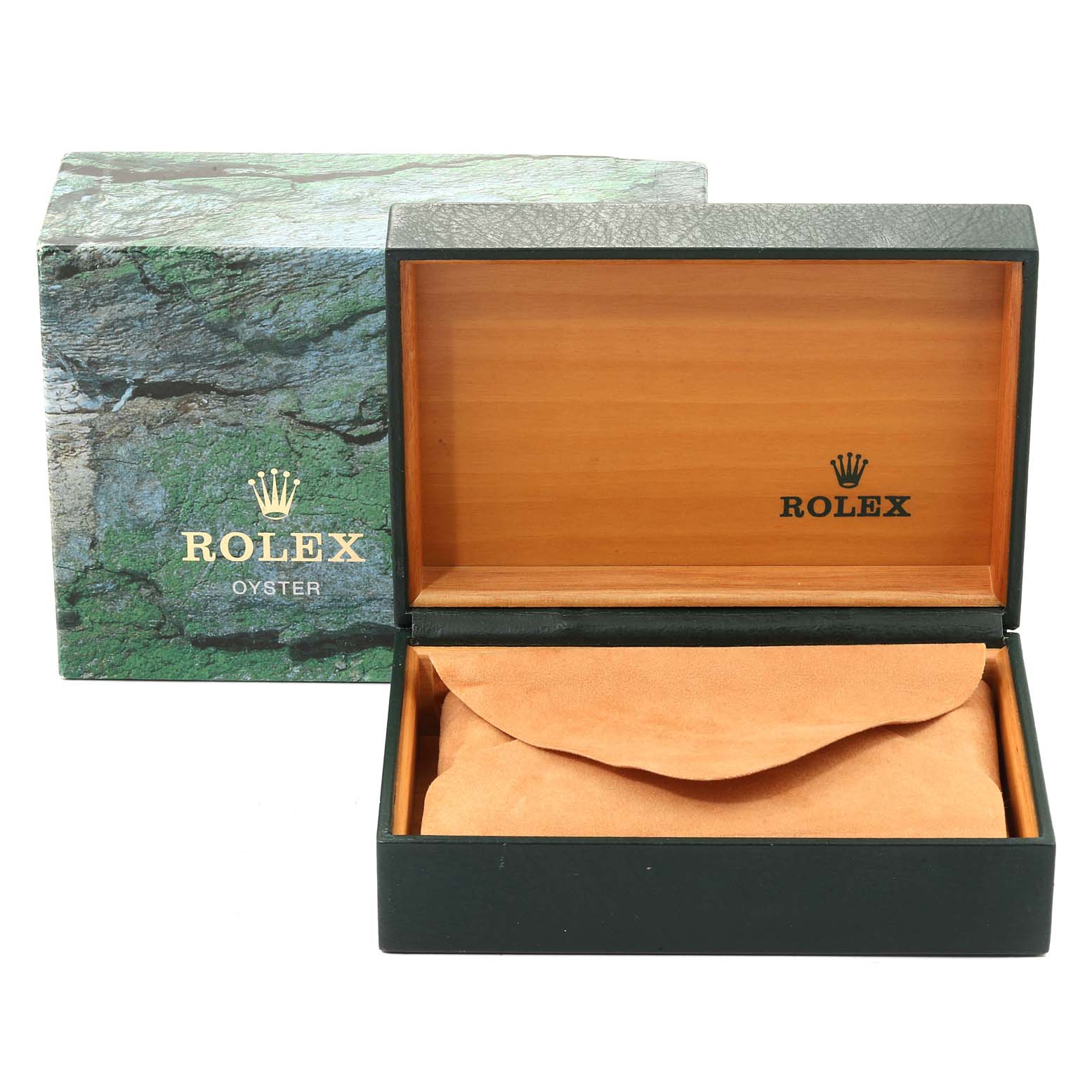 The image shows an open Rolex Date 15210 Men's Stainless Steel Black Dial 15210 Men's Stainless Steel Black Dial model watch box with its accompanying green outer packaging.