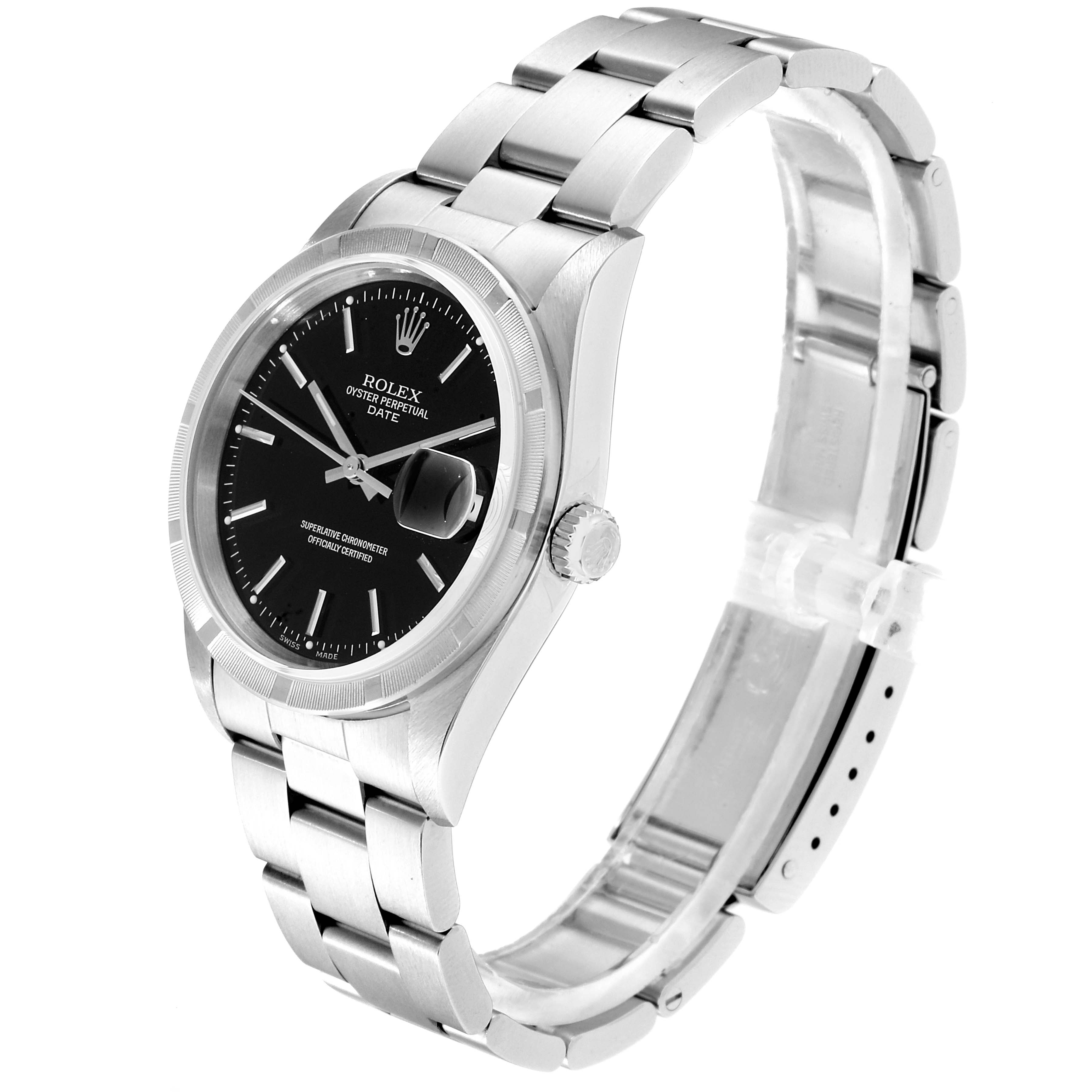 This Rolex Date 15210 Men's Stainless Steel Black Dial 15210 Men's Stainless Steel Black Dial model watch is shown at a slight angle, detailing its black dial, silver bezel, crown, and stainless steel bracelet.