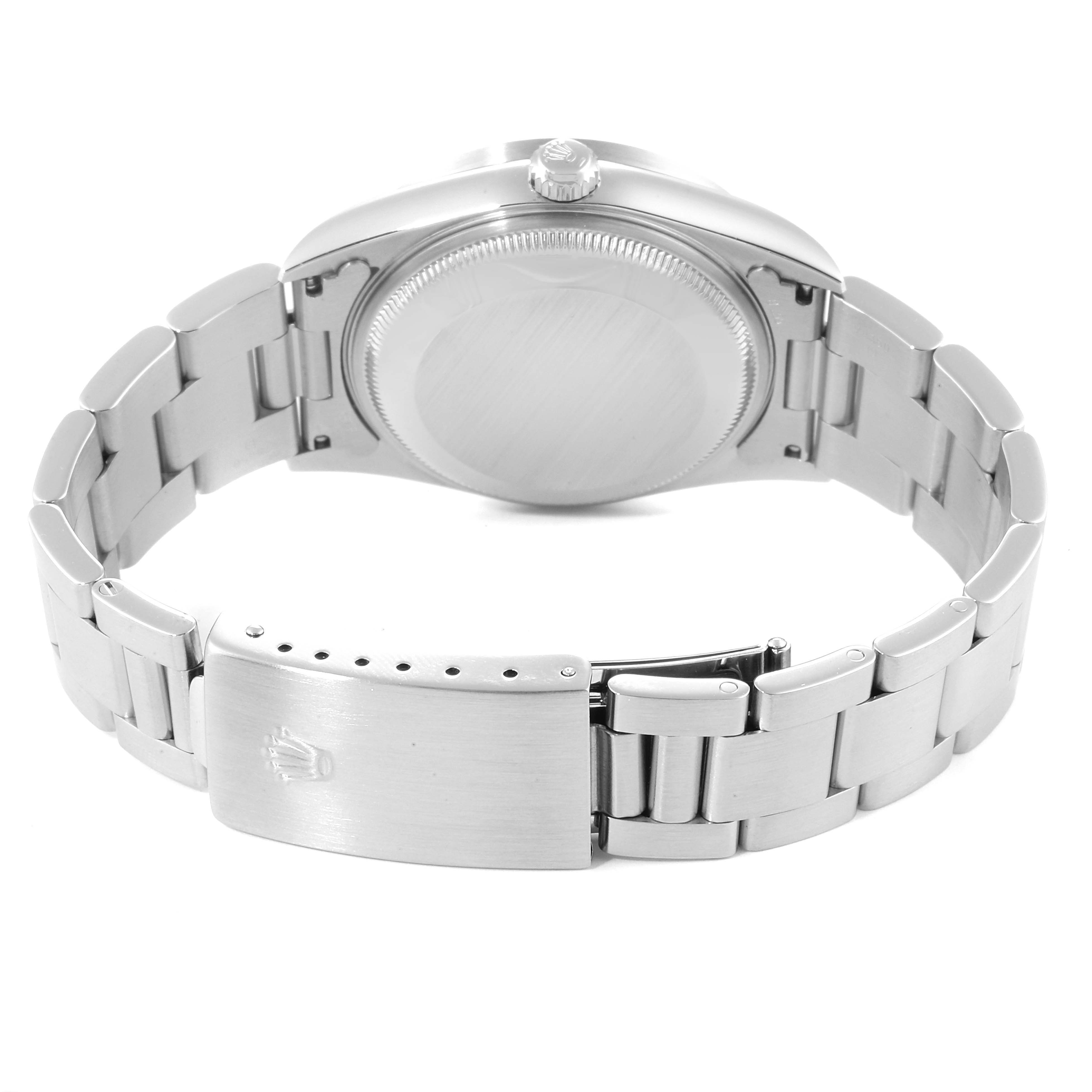 This image shows the back case and bracelet clasp of a Rolex Date 15210 Men's Stainless Steel Black Dial 15210 Men's Stainless Steel Black Dial model watch from a rear angle.