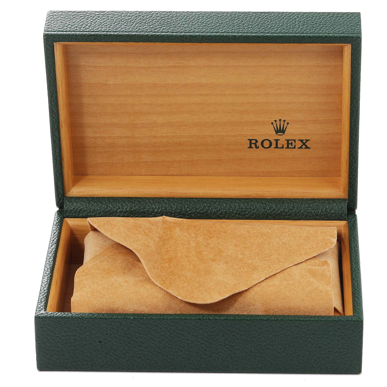 This image shows the open box of a Rolex Date 15200 Men's Stainless Steel Blue Dial 15200 Men's Stainless Steel Blue Dial model watch with the watch inside a wrapping cloth.