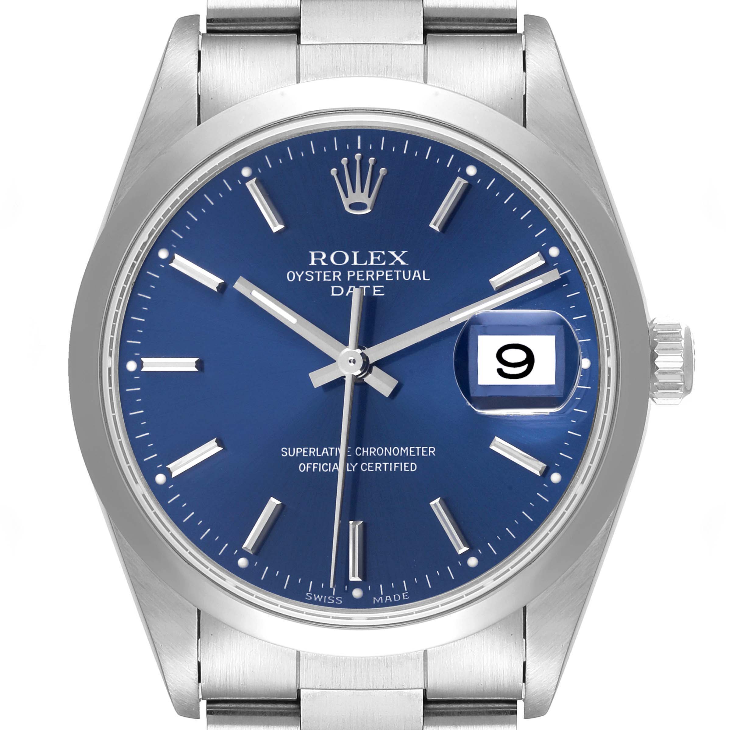 The image shows a front view of a Rolex Date 15200 Men's Stainless Steel Blue Dial 15200 Men's Stainless Steel Blue Dial model watch with a blue dial, date display, and metal bracelet.