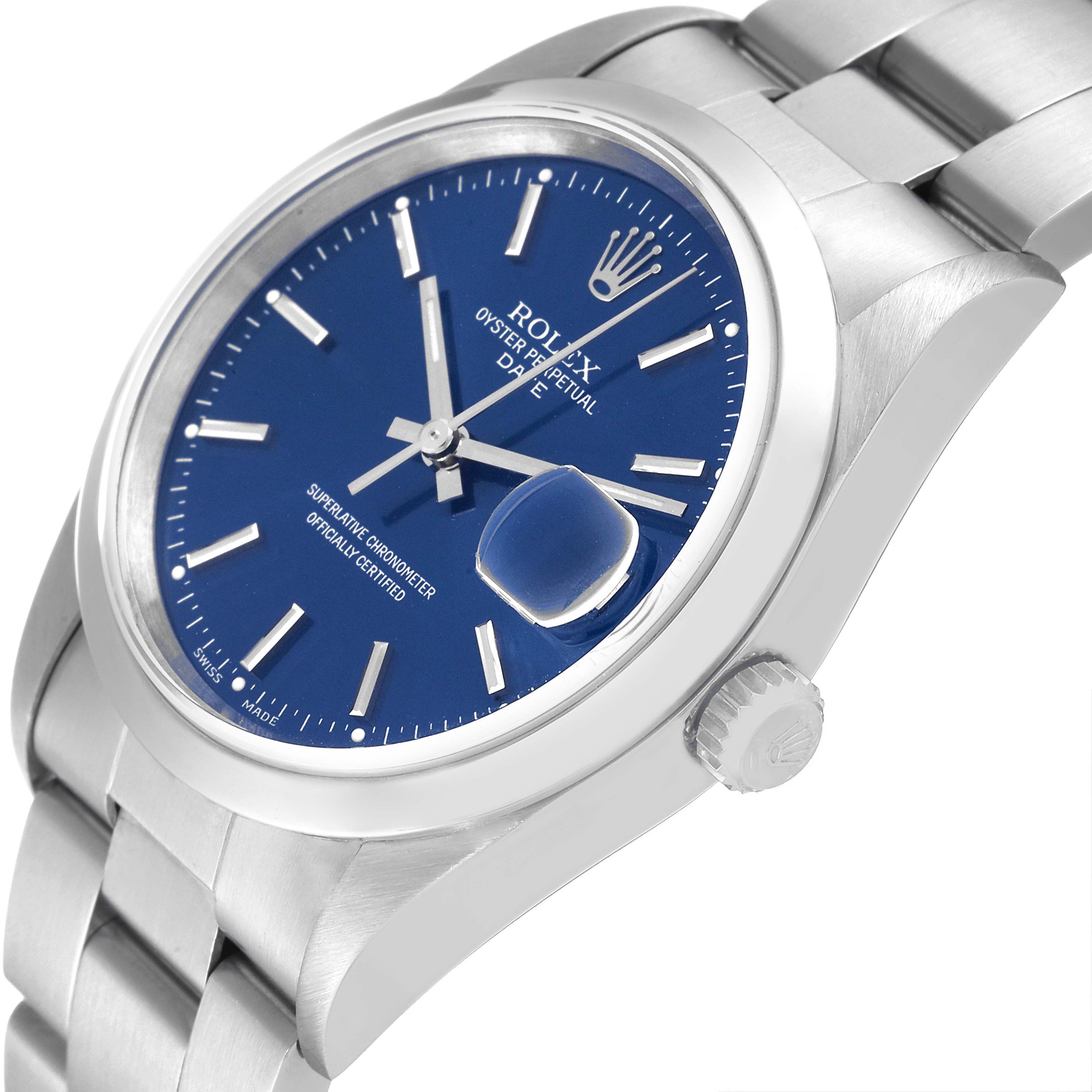 This image shows a Rolex Date 15200 Men's Stainless Steel Blue Dial 15200 Men's Stainless Steel Blue Dial model watch at an angle highlighting the dial, bezel, bracelet, and crown.