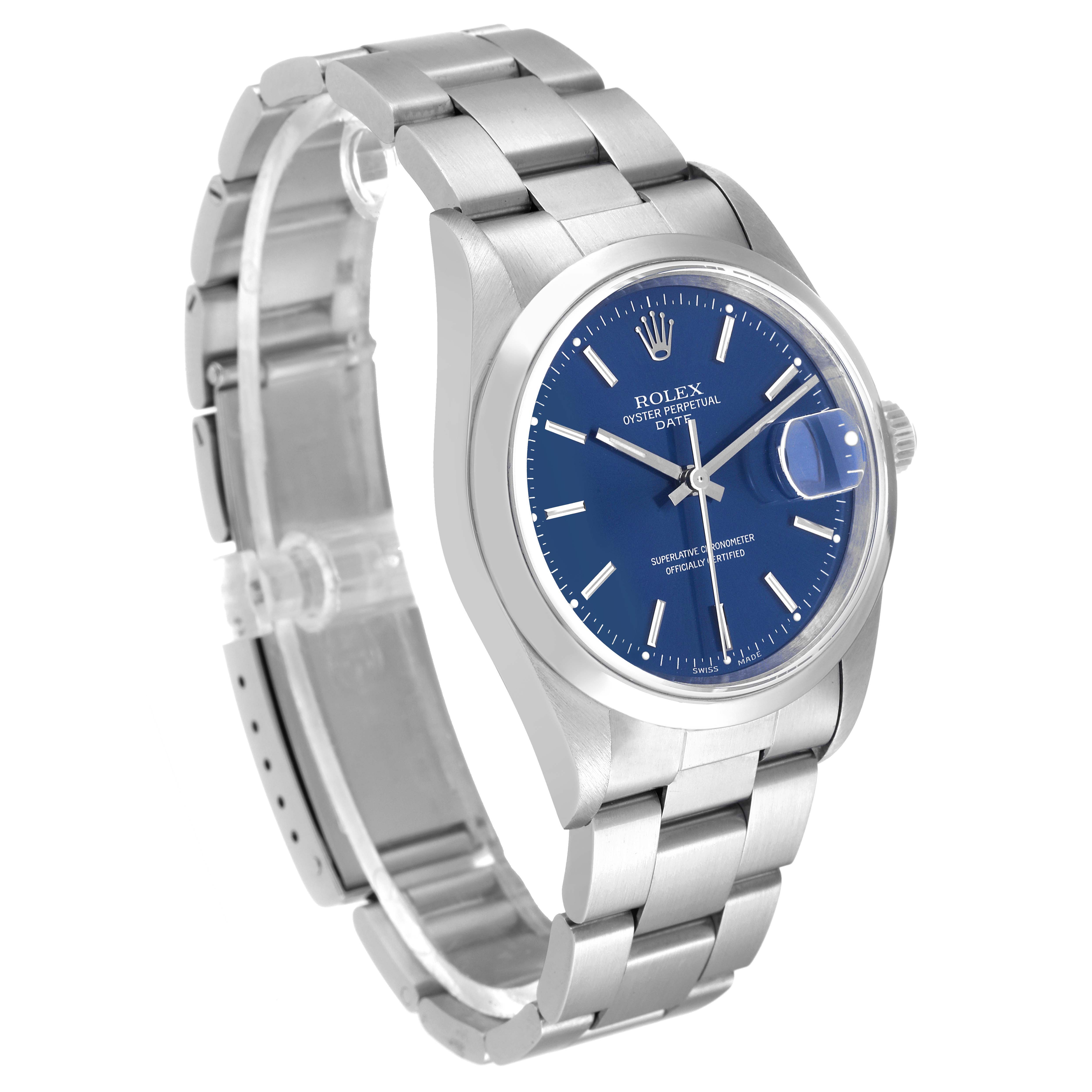 This Rolex Date 15200 Men's Stainless Steel Blue Dial 15200 Men's Stainless Steel Blue Dial model watch is shown at a 3/4 angle, displaying the face, bracelet, and clasp.