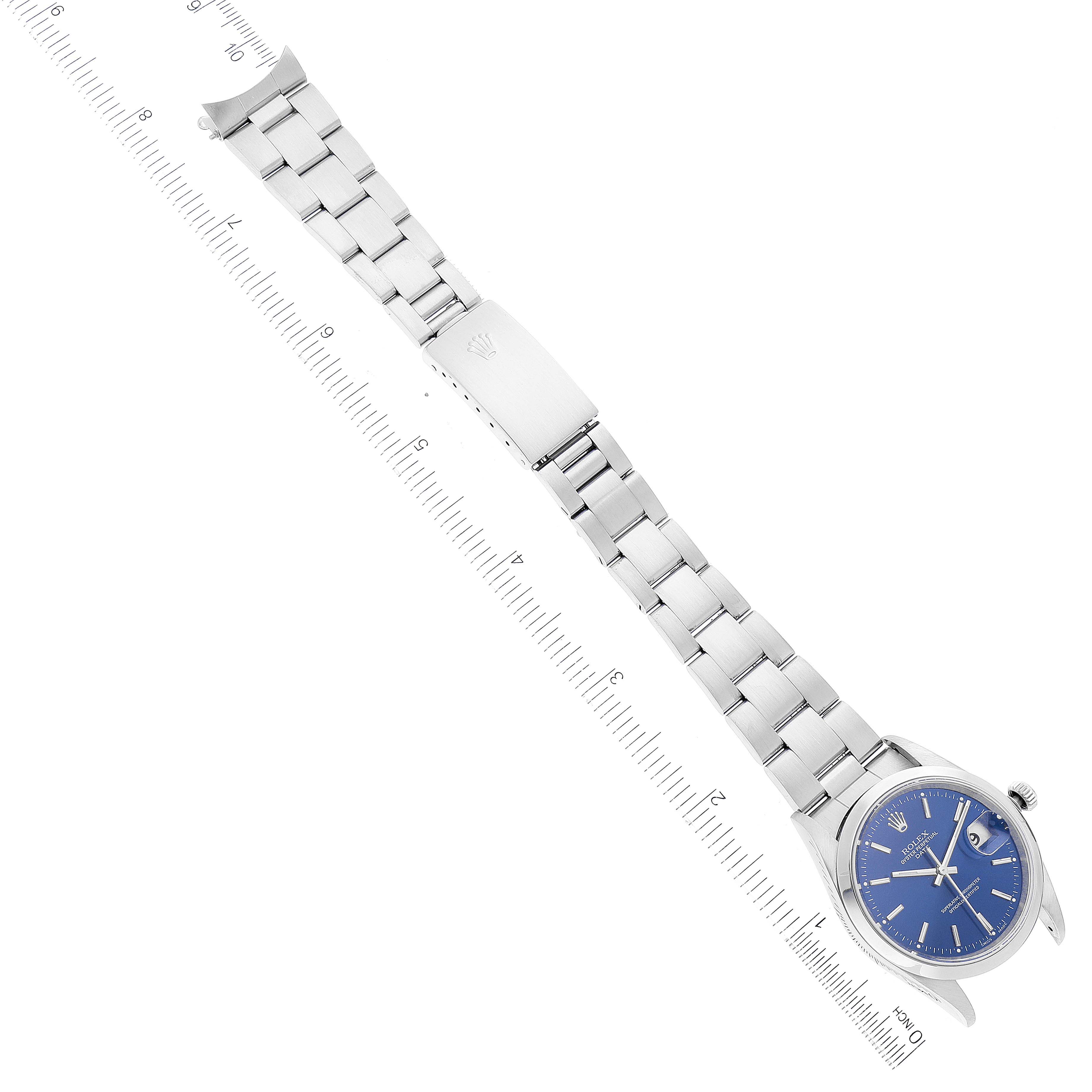 The Rolex Date 15200 Men's Stainless Steel Blue Dial 15200 Men's Stainless Steel Blue Dial watch is shown from a top-down angle, including the full bracelet and the face with a blue dial.