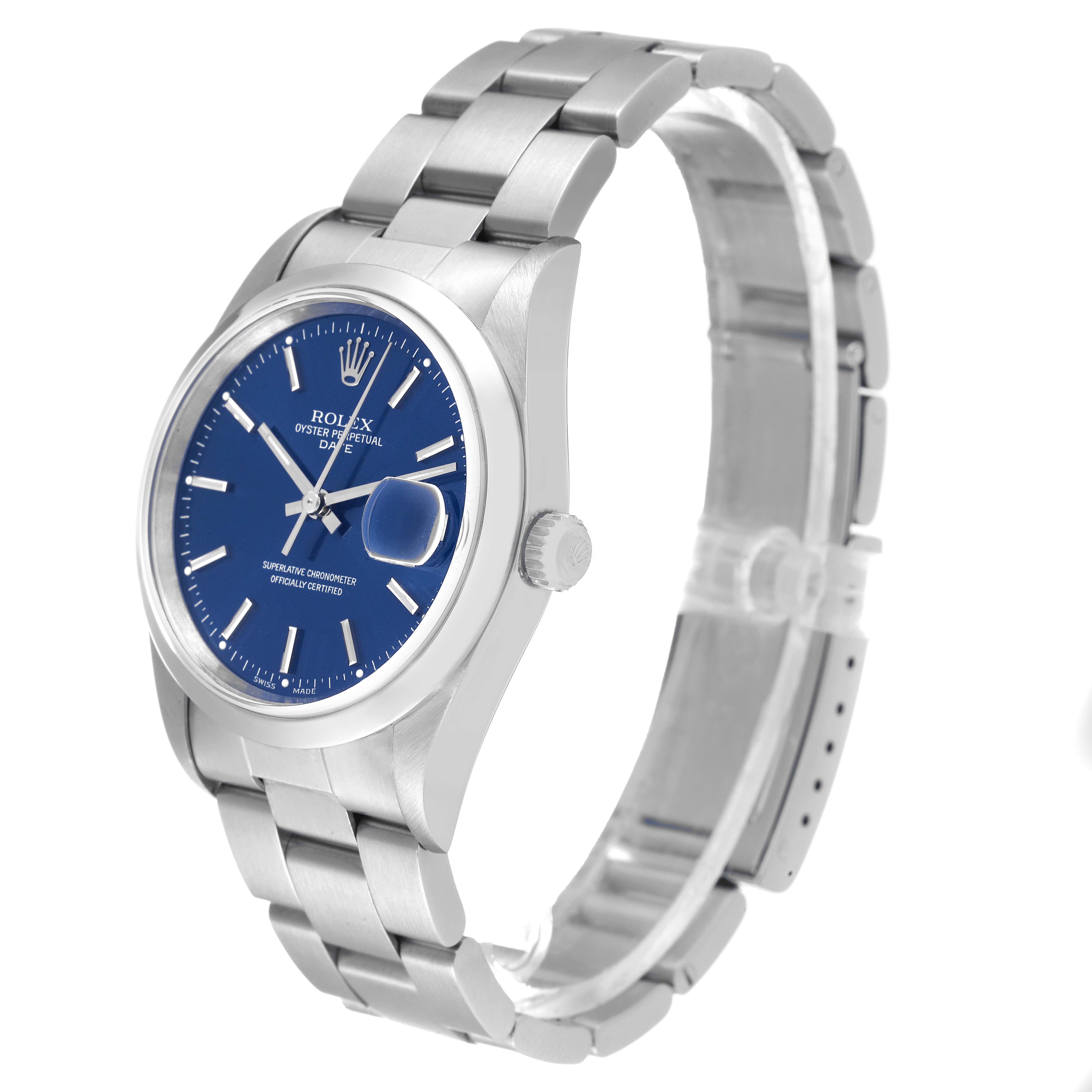 This Rolex Date 15200 Men's Stainless Steel Blue Dial 15200 Men's Stainless Steel Blue Dial model watch is shown at a slight angle, displaying the face, bezel, crown, and oyster bracelet.