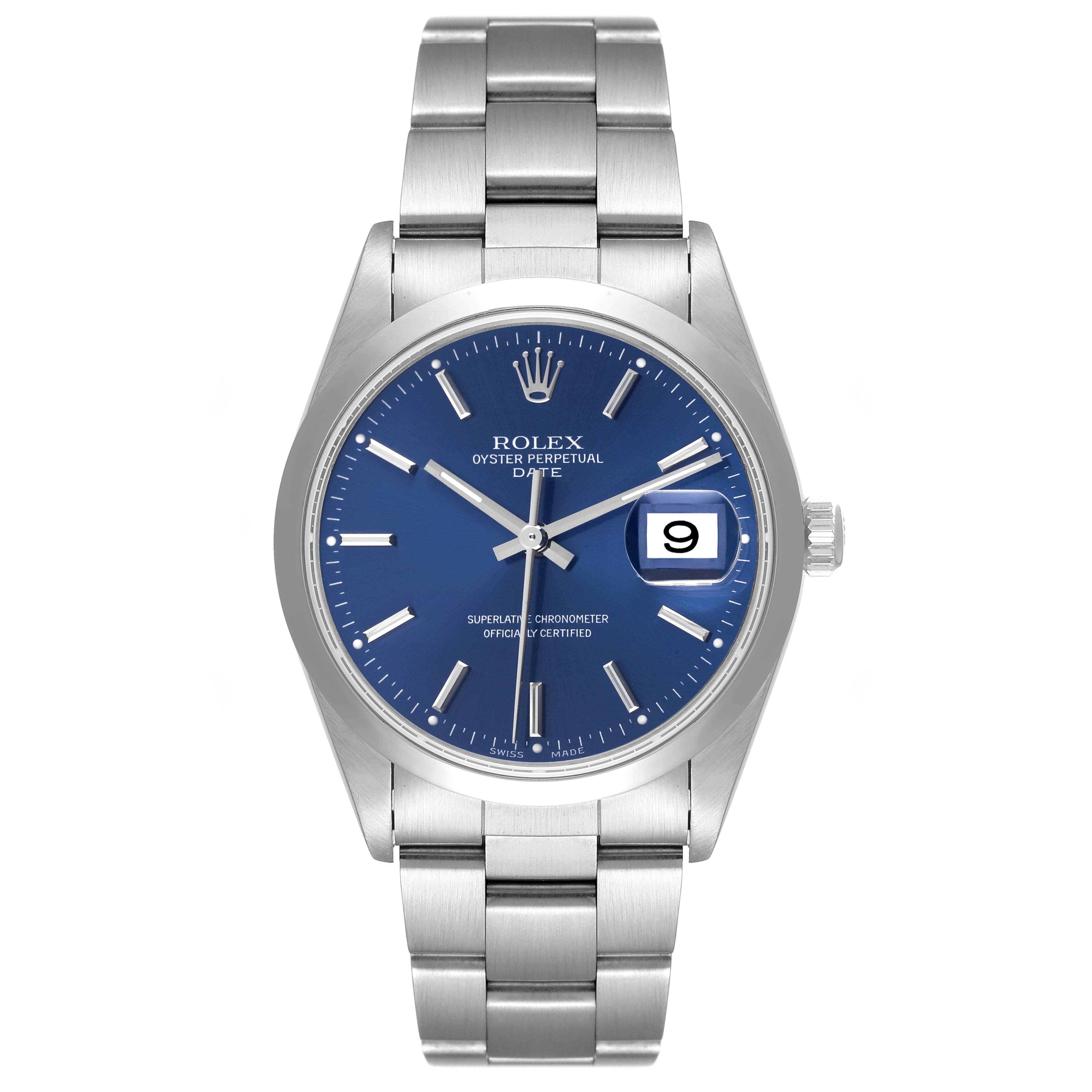The image shows a front view of a Rolex Date 15200 Men's Stainless Steel Blue Dial 15200 Men's Stainless Steel Blue Dial model watch, featuring a blue dial, date window, and stainless steel bracelet.