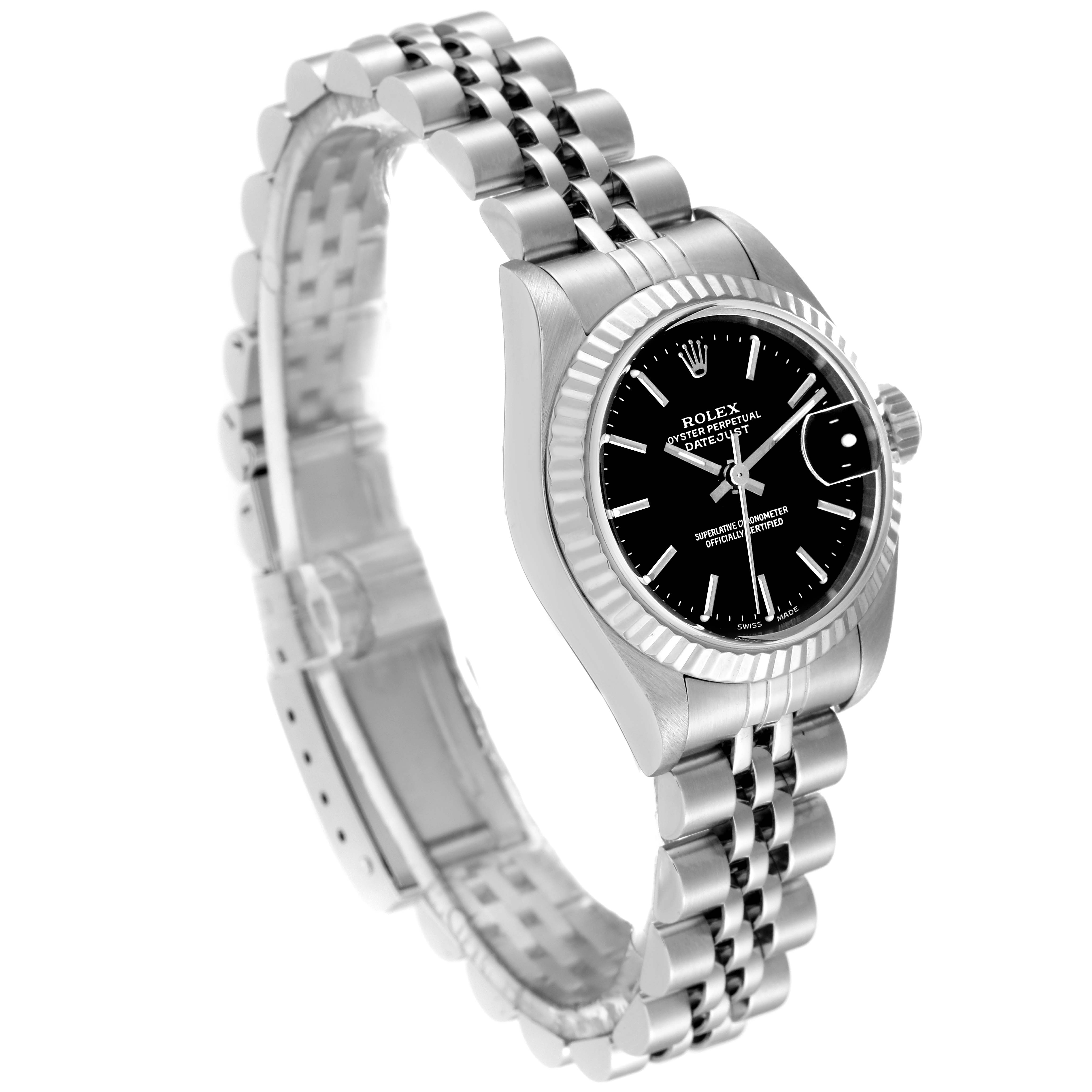 This image shows a Rolex Datejust 79174 Women's Stainless Steel Black Dial 79174 Women's Stainless Steel Black Dial watch at a 45-degree angle, highlighting the black dial, fluted bezel, and Jubilee bracelet.