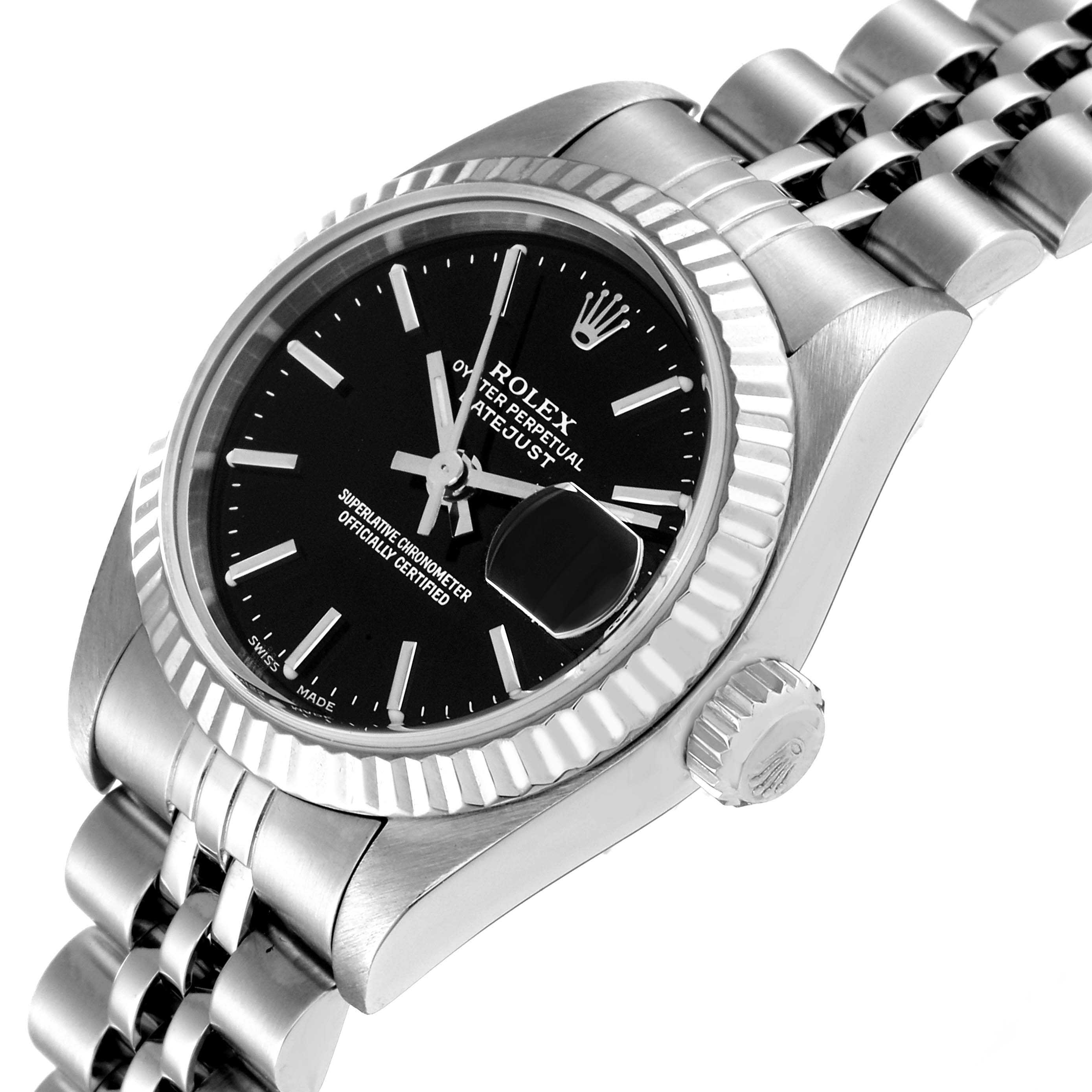 This image shows the Rolex Datejust 79174 Women's Stainless Steel Black Dial 79174 Women's Stainless Steel Black Dial watch at an angled close-up, highlighting the dial, fluted bezel, and part of the bracelet.