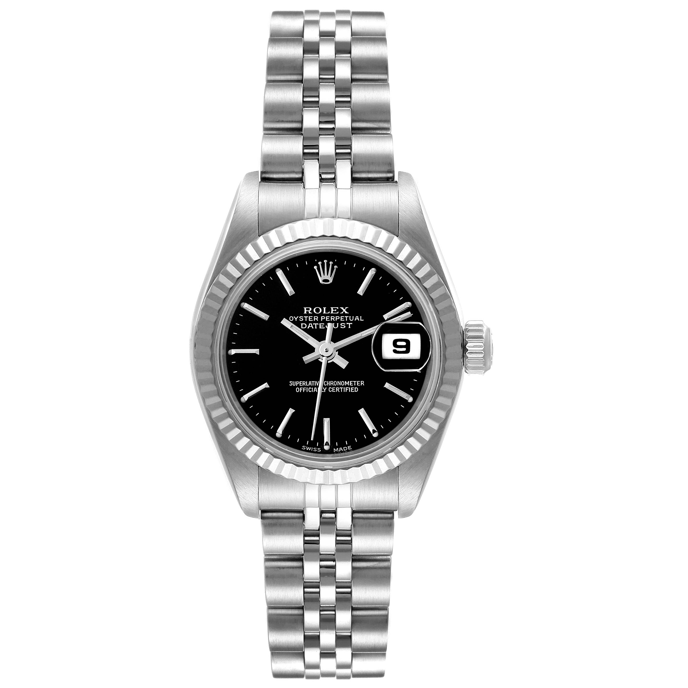The image depicts a frontal view of a Rolex Datejust 79174 Women's Stainless Steel Black Dial 79174 Women's Stainless Steel Black Dial model, showcasing the dial, bezel, and bracelet.