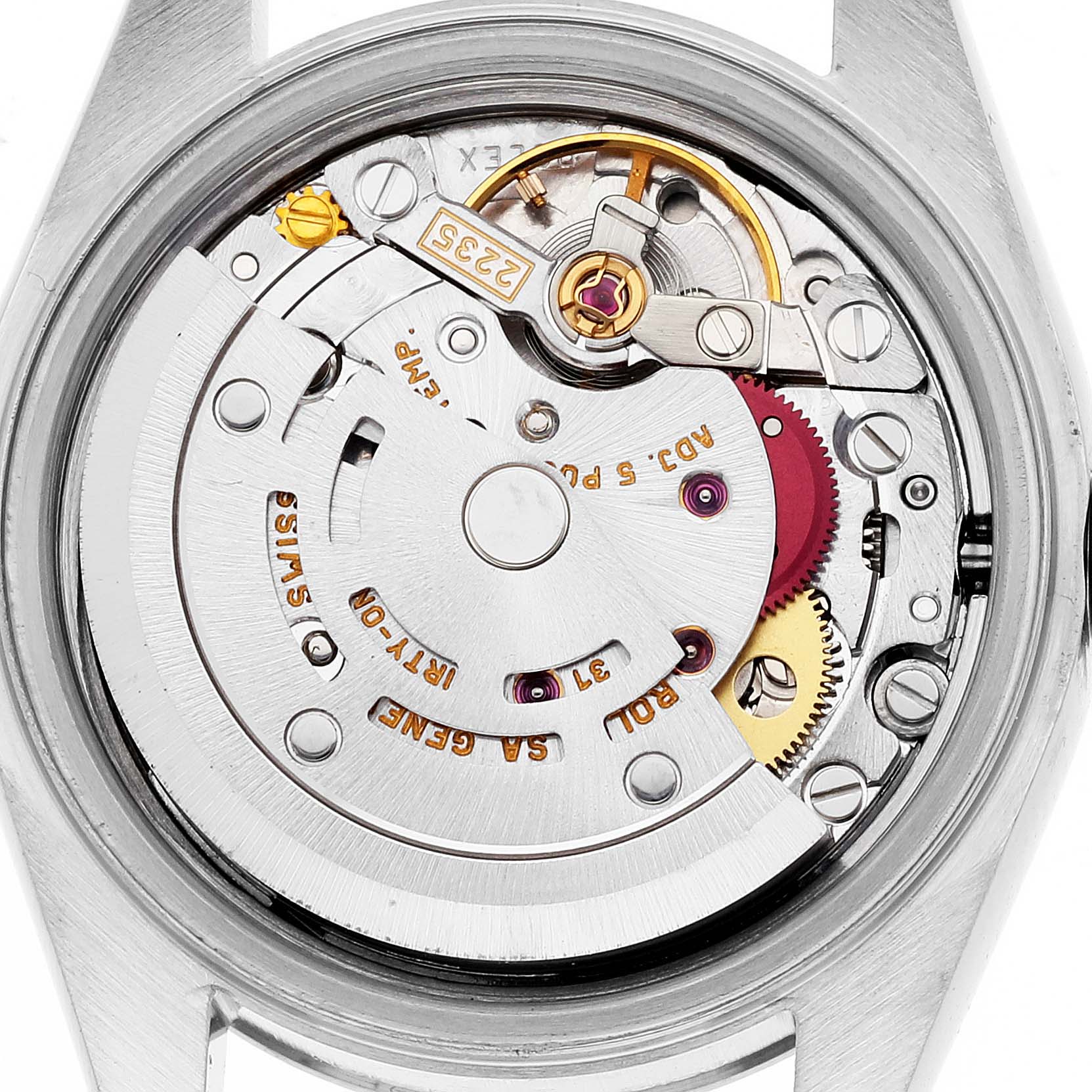 This image shows the inner movement mechanism of a Rolex Datejust 79174 Women's Stainless Steel Black Dial 79174 Women's Stainless Steel Black Dial watch, viewed from the back.